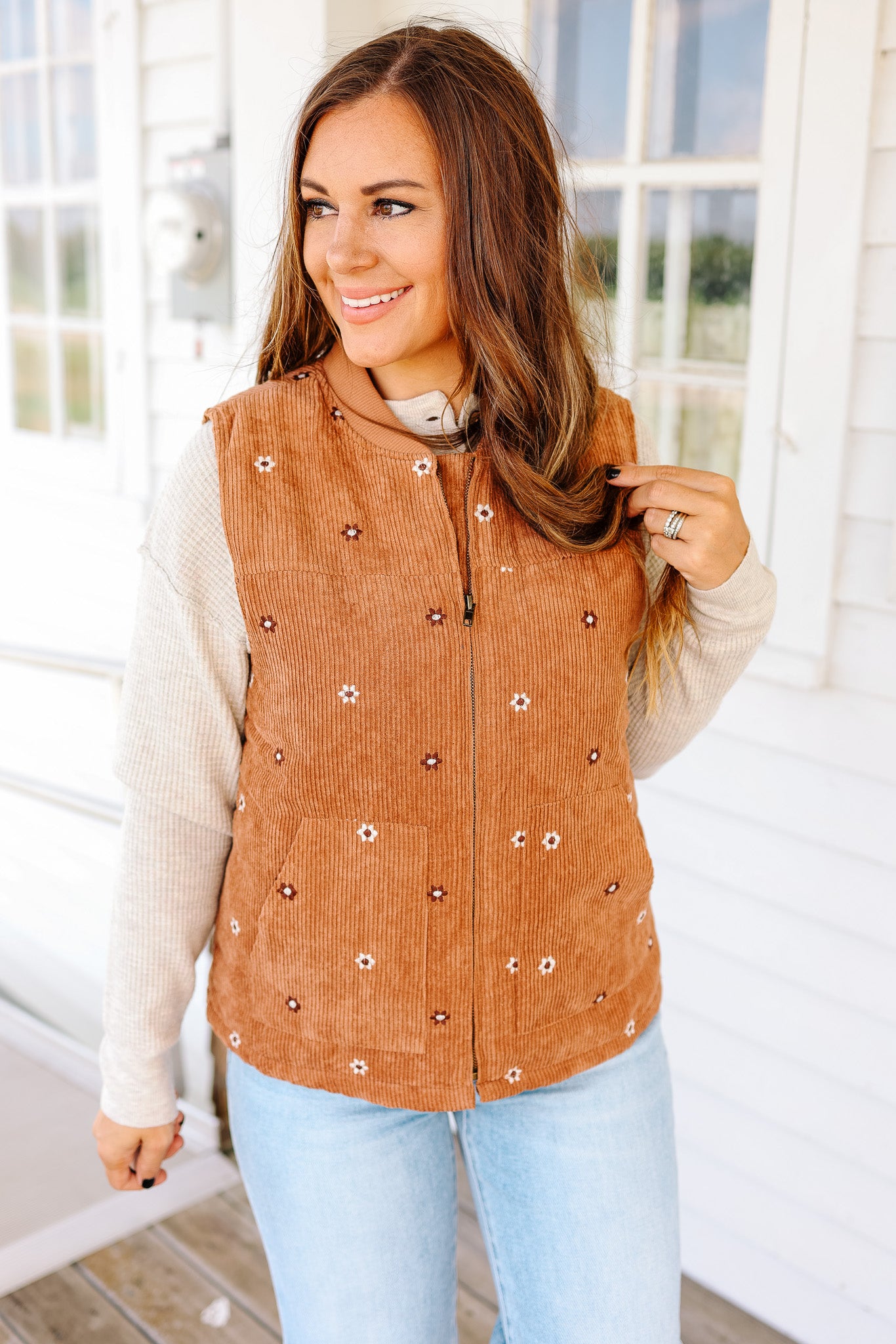 Rowan Embroidered Corduroy Vest - Caramel