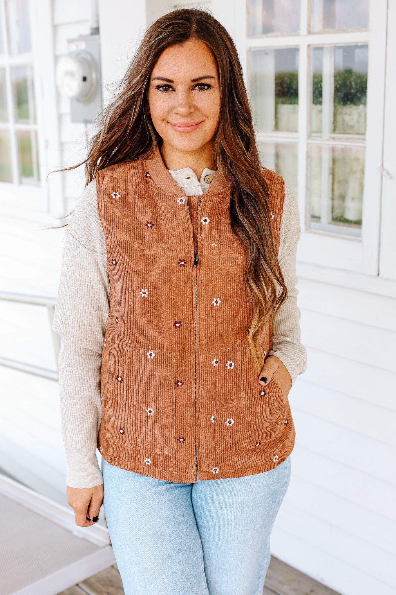 Rowan Embroidered Corduroy Vest - Caramel