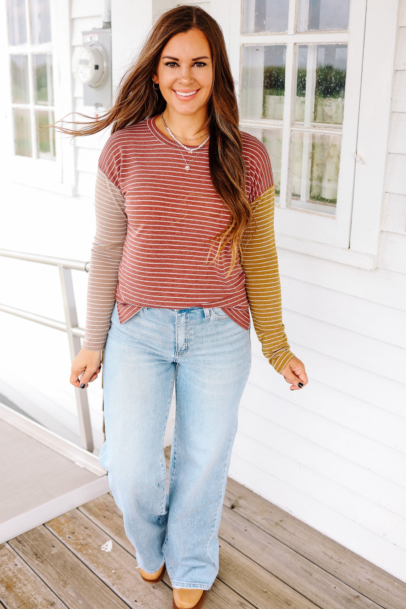 Julia Striped Colorblock Sleeve Top - Burgundy