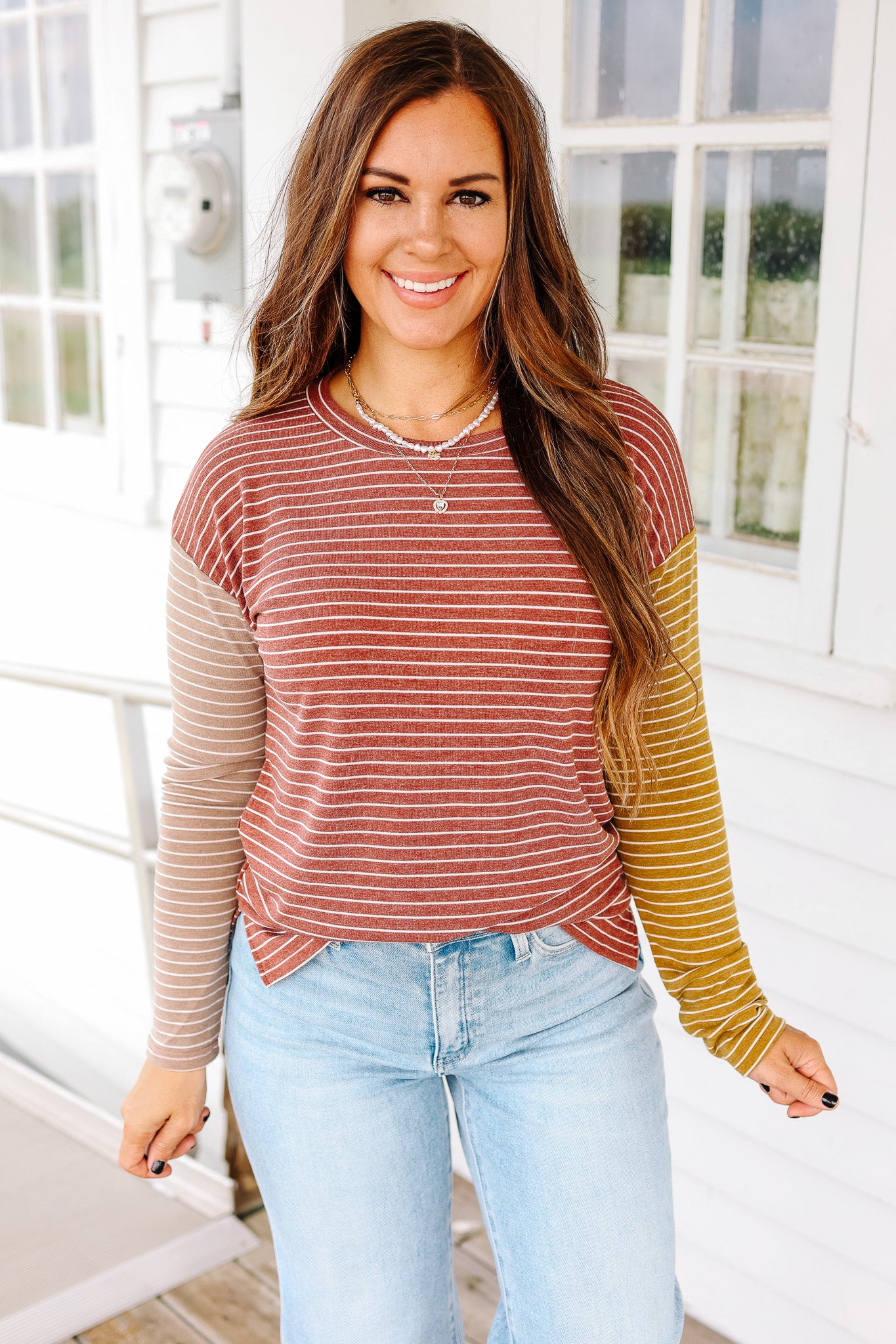 Julia Striped Colorblock Sleeve Top - Burgundy