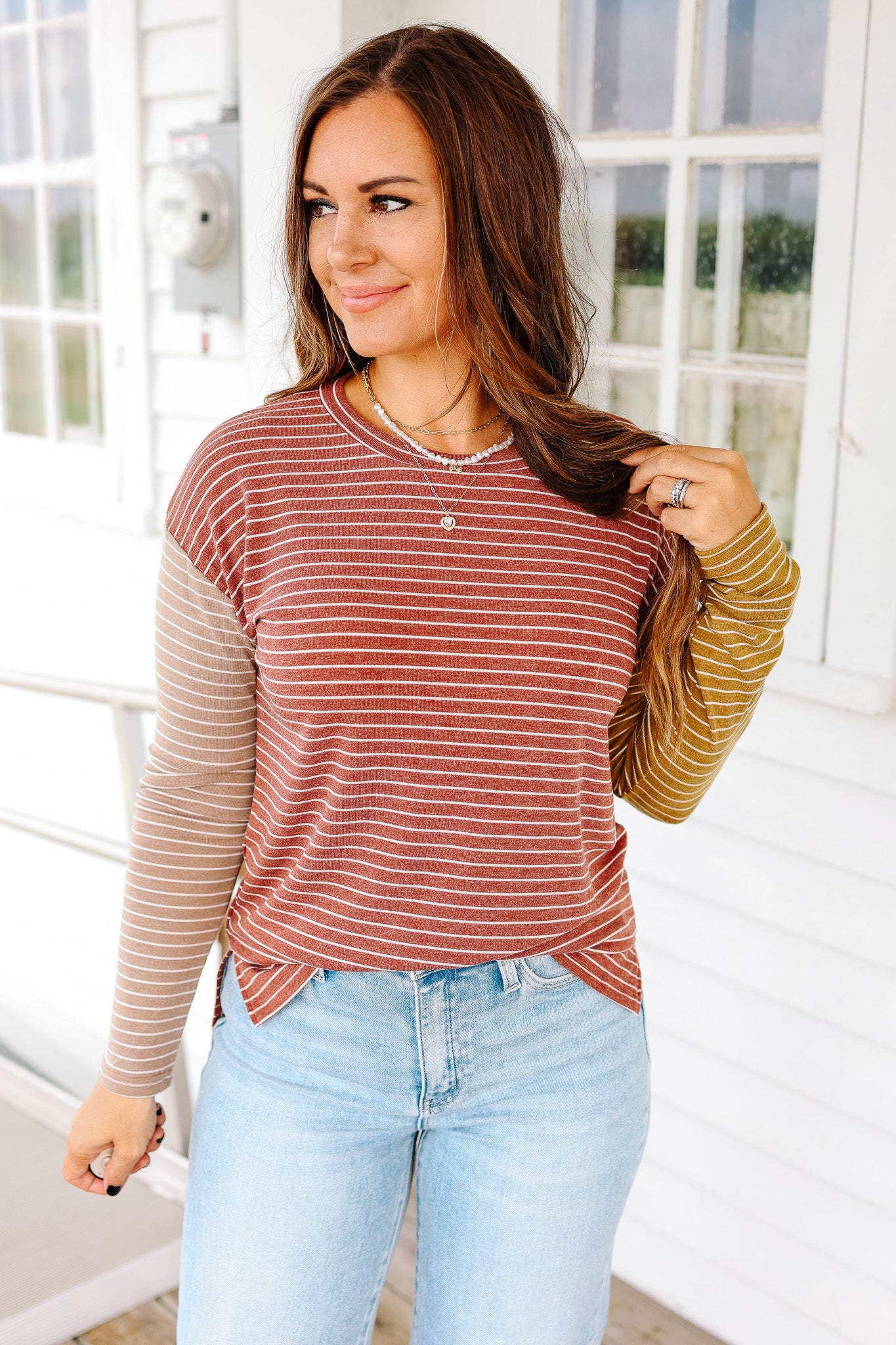Julia Striped Colorblock Sleeve Top - Burgundy