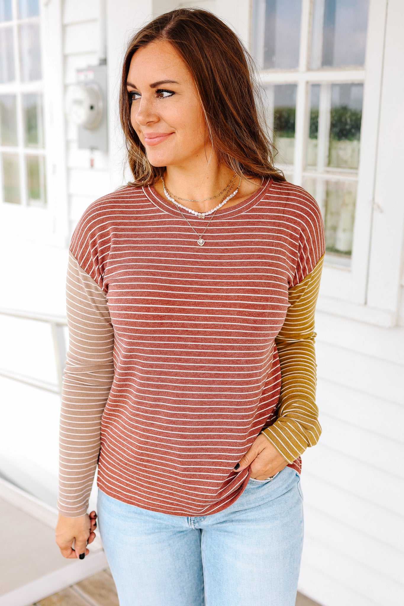 Julia Striped Colorblock Sleeve Top - Burgundy