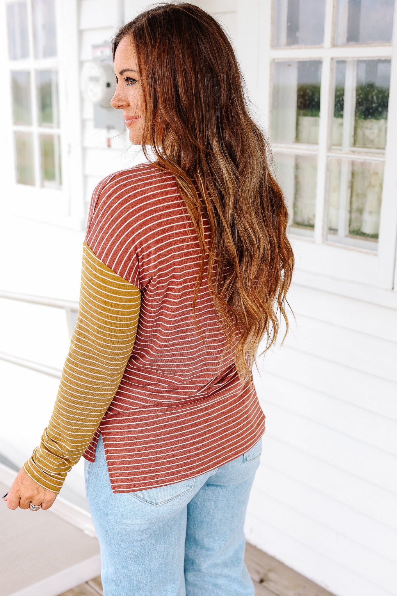 Julia Striped Colorblock Sleeve Top - Burgundy