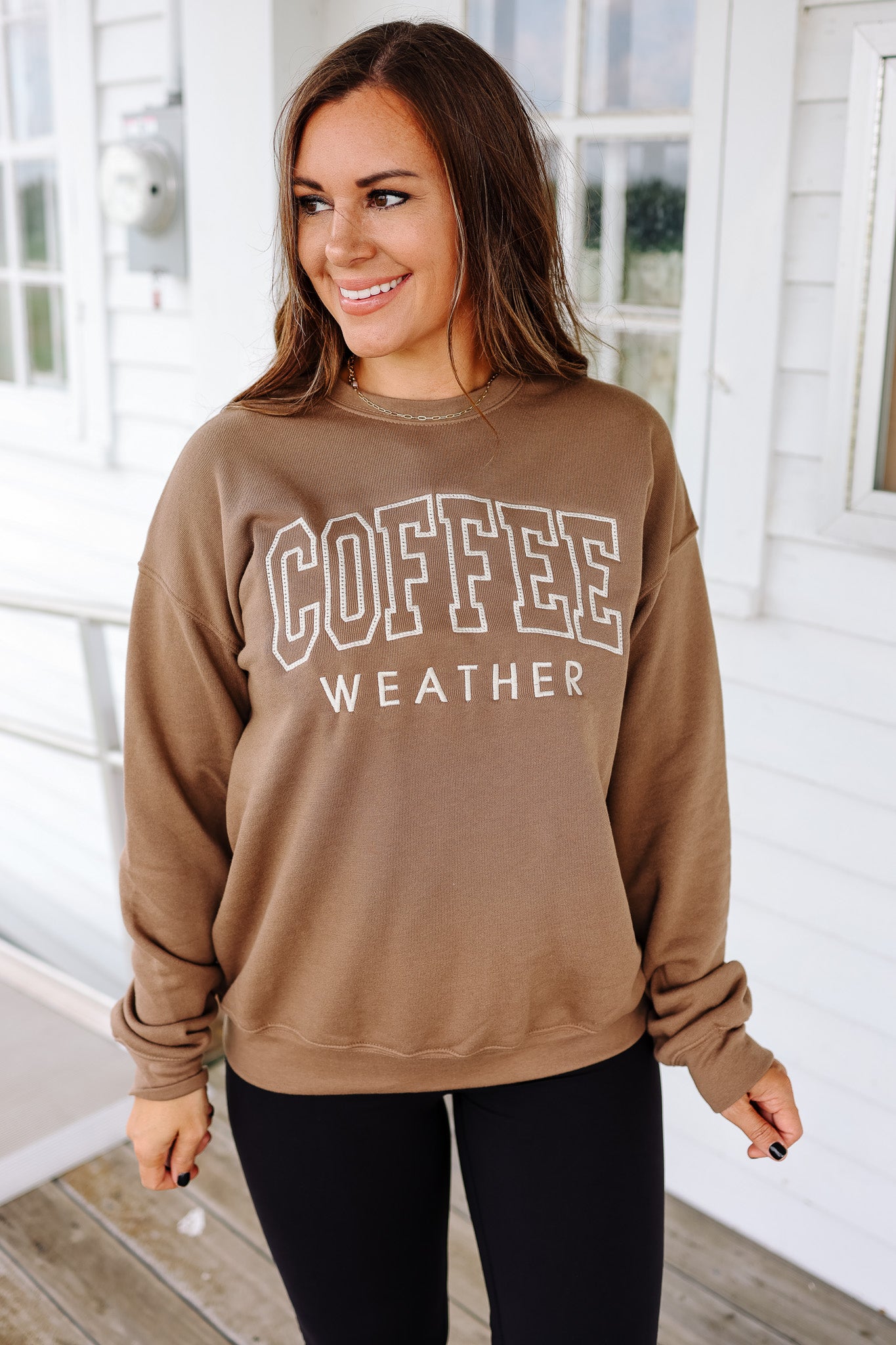 Embroidered Coffee Weather Graphic Sweatshirt - Vintage Brown