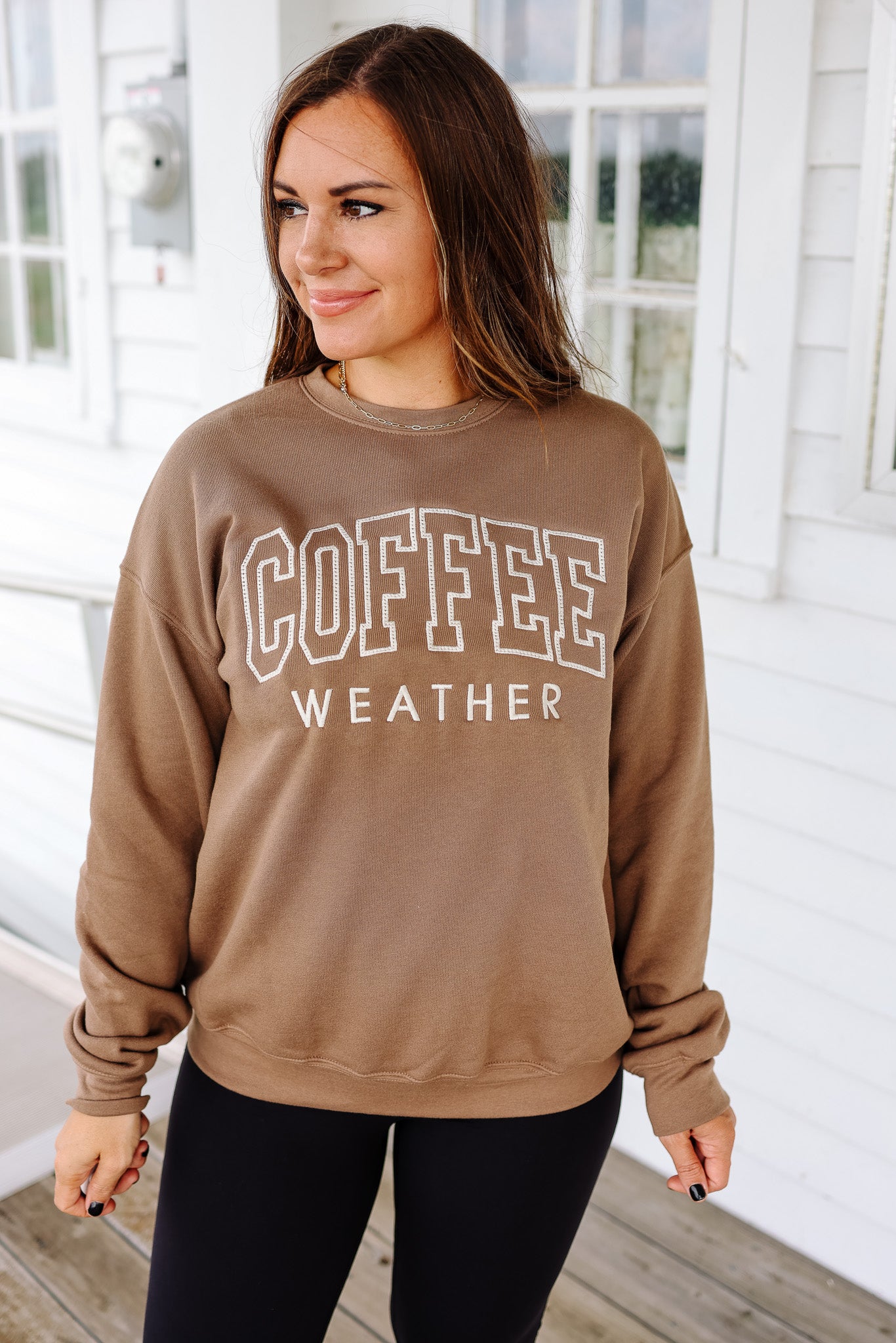 Embroidered Coffee Weather Graphic Sweatshirt - Vintage Brown