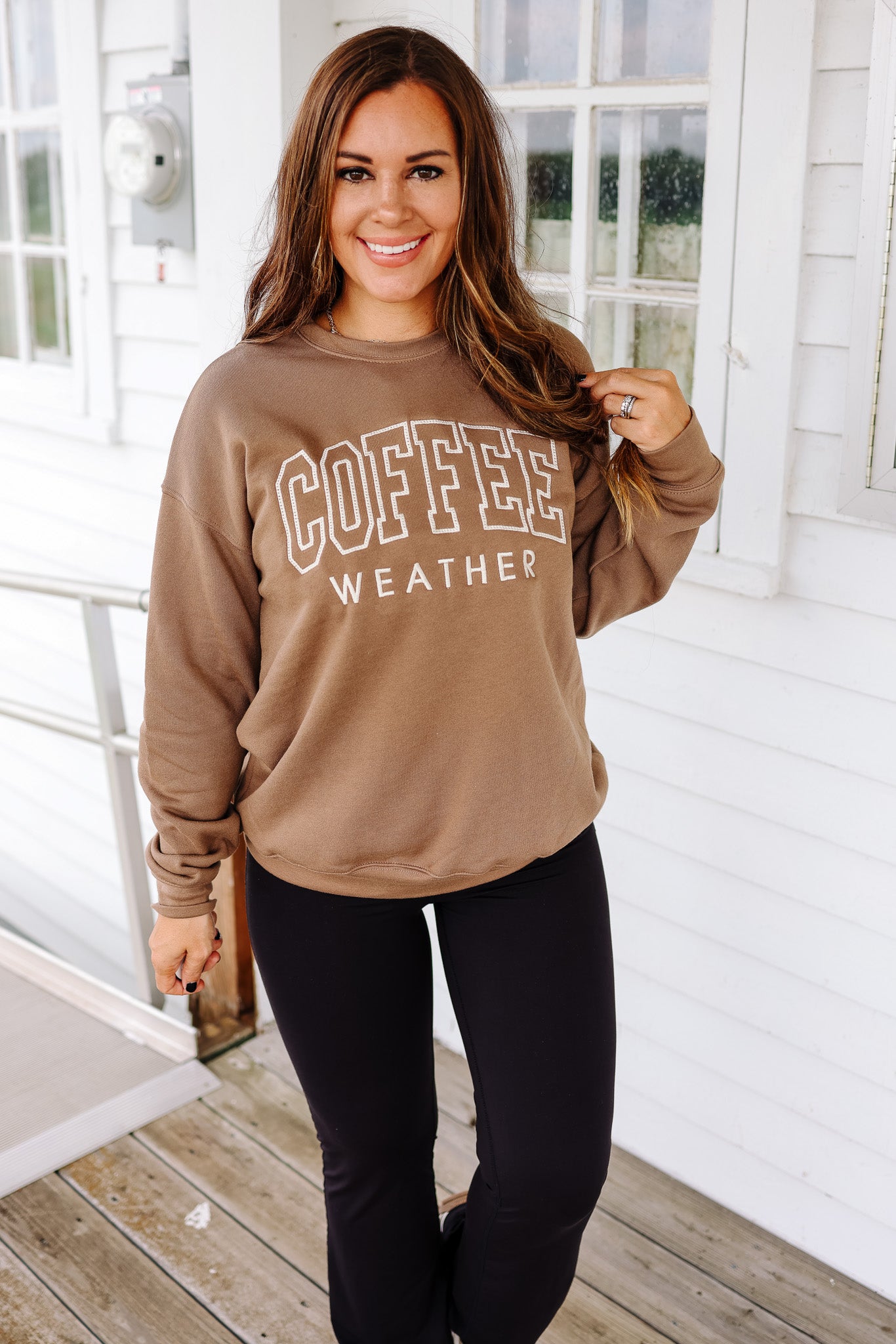Embroidered Coffee Weather Graphic Sweatshirt - Vintage Brown