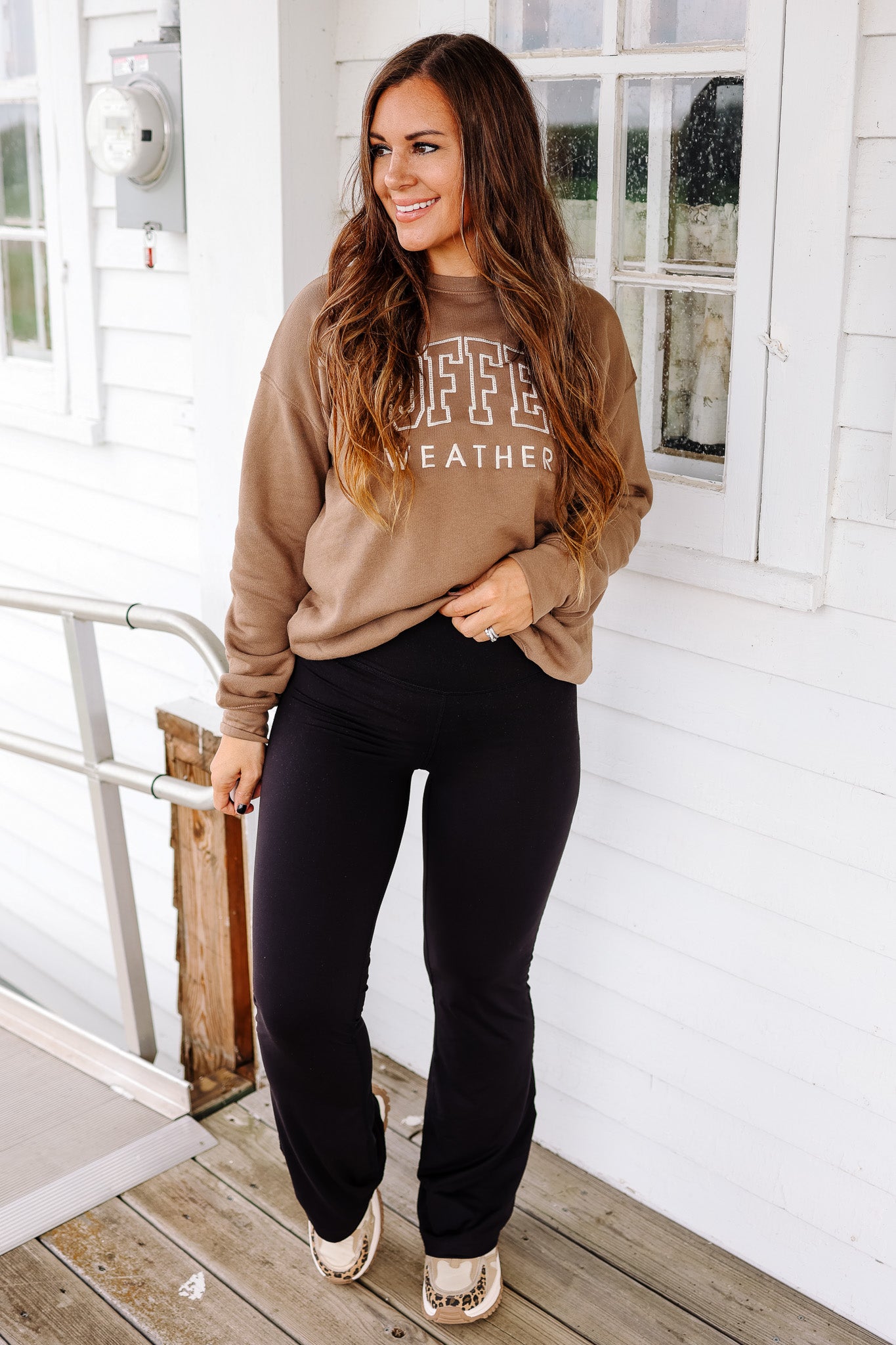 Embroidered Coffee Weather Graphic Sweatshirt - Vintage Brown