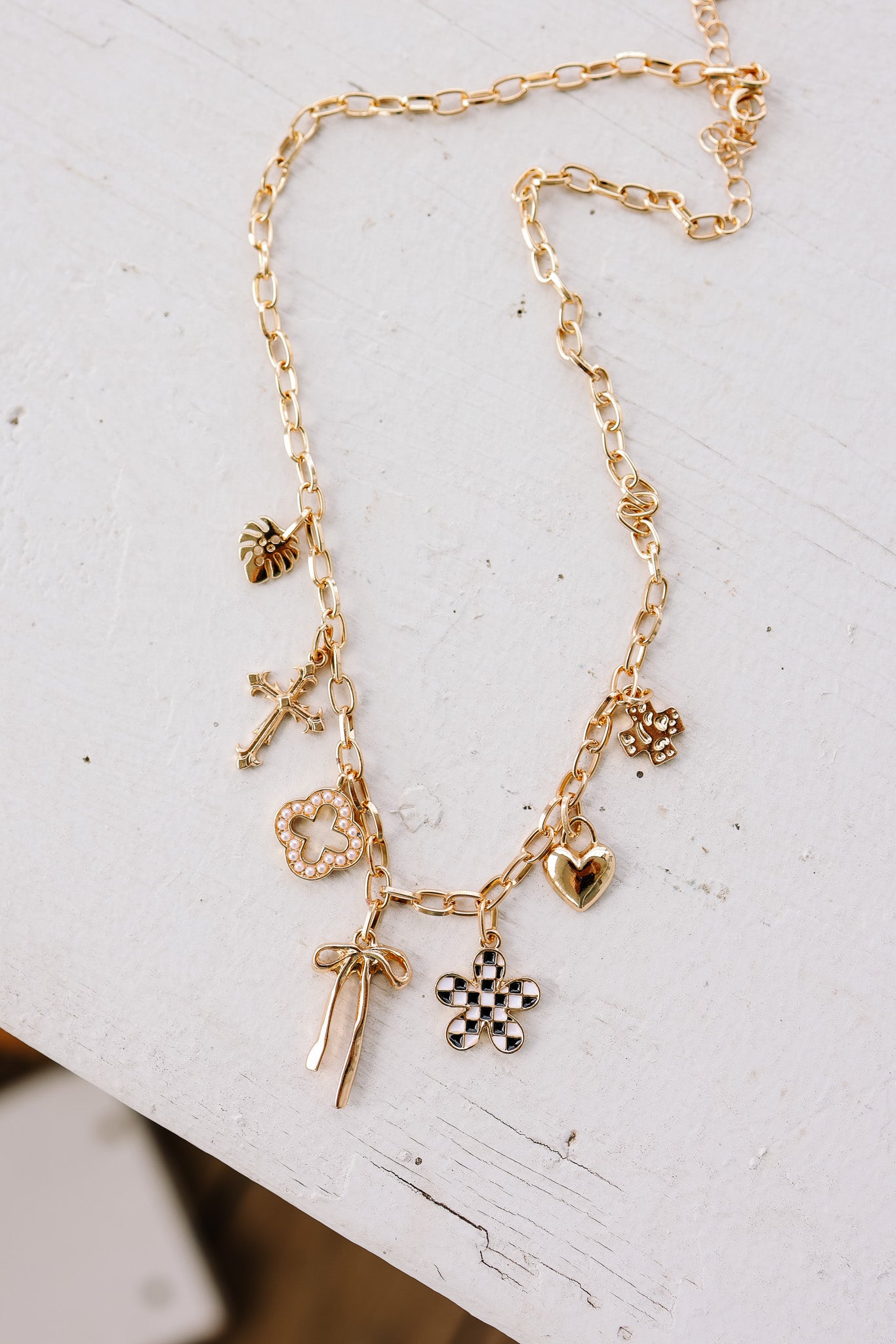 Clover Bow Checker Flower Heart Charm Necklace