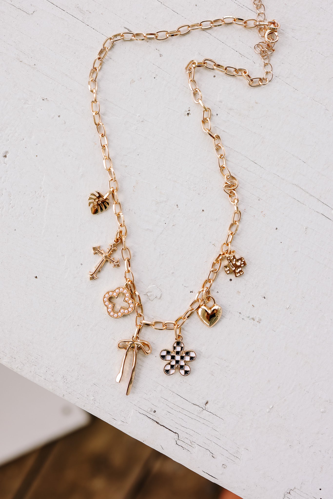 Clover Bow Checker Flower Heart Charm Necklace