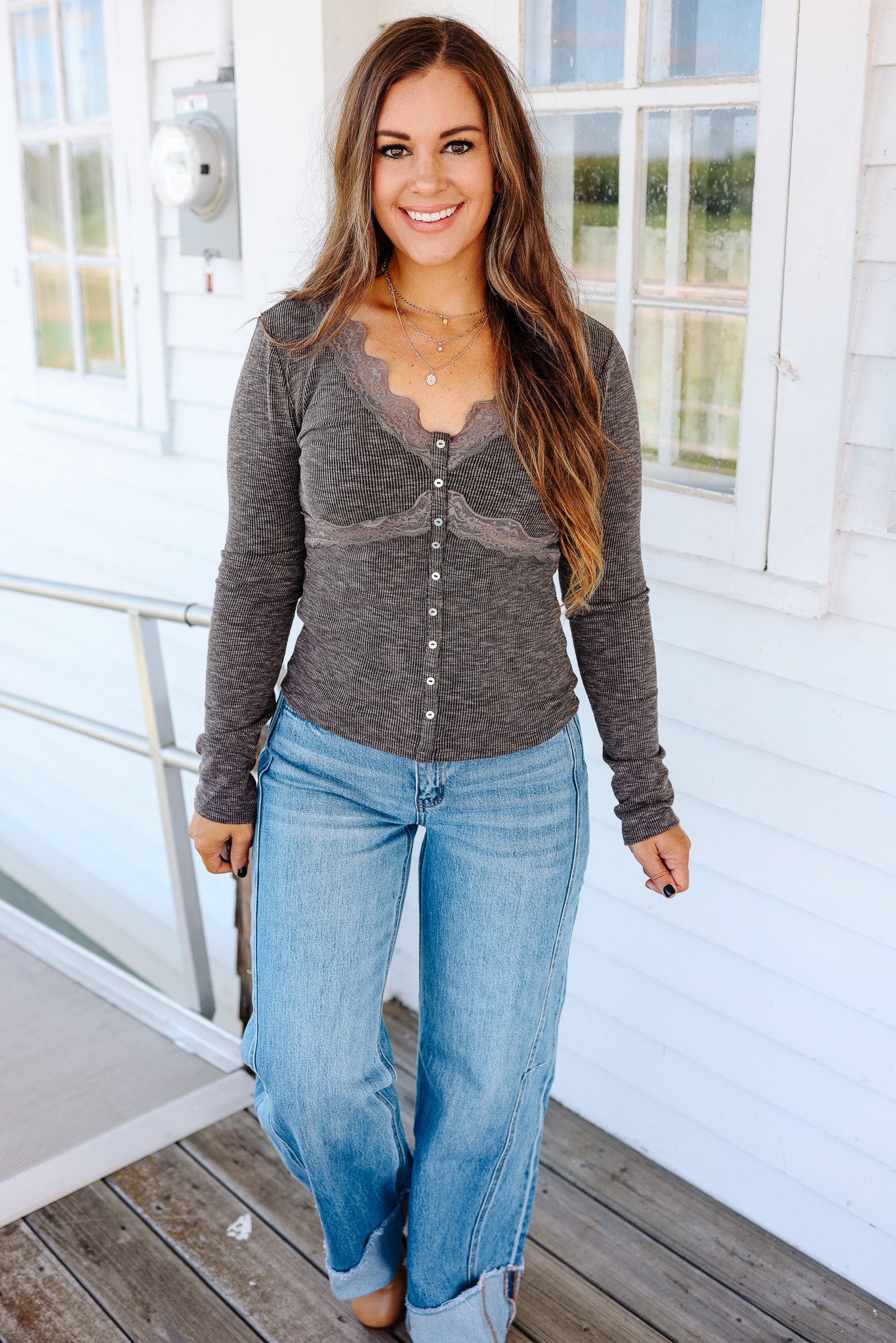 Bowie Lace Ribbed Top - Washed Black