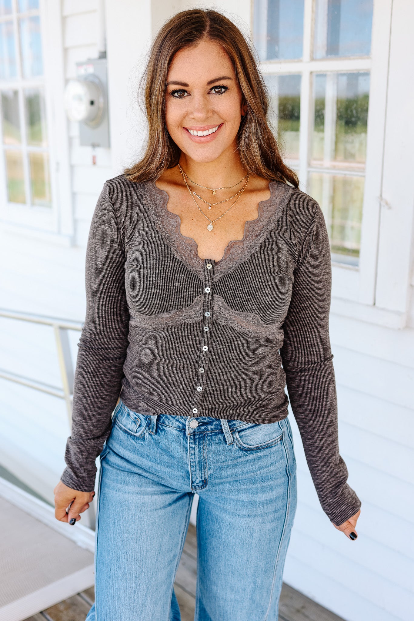 Bowie Lace Ribbed Top - Washed Black