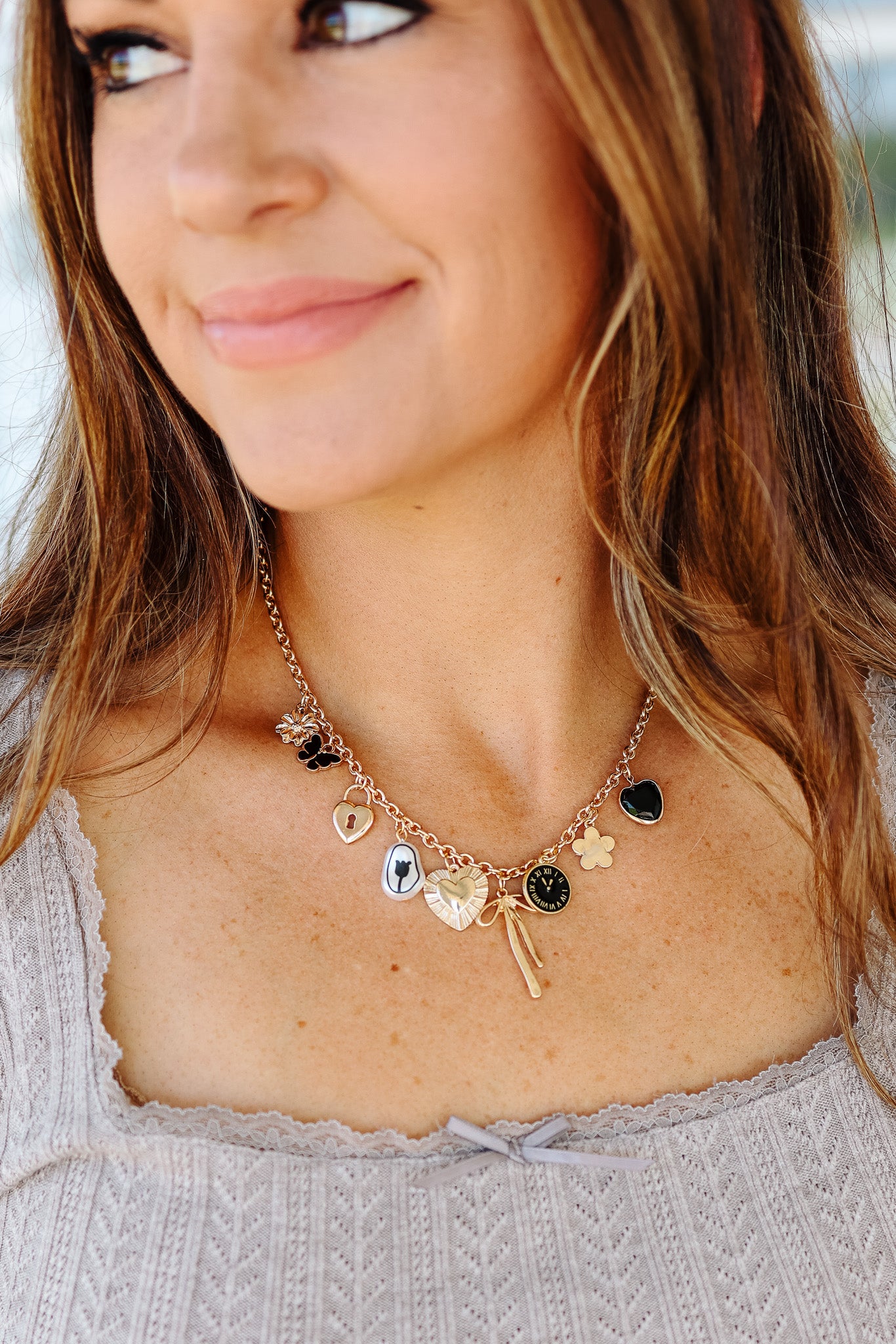 Heart Clock Bow Lock Charm Necklace