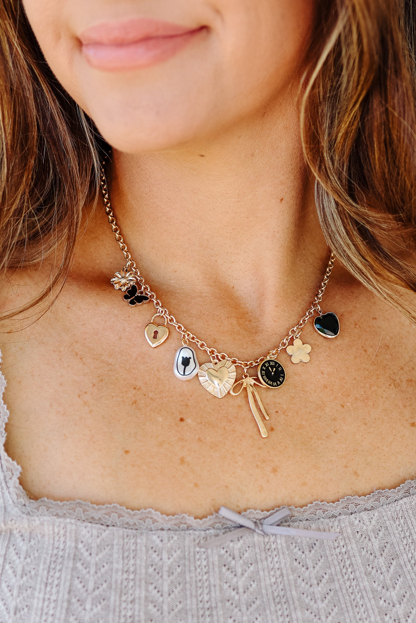 Heart Clock Bow Lock Charm Necklace