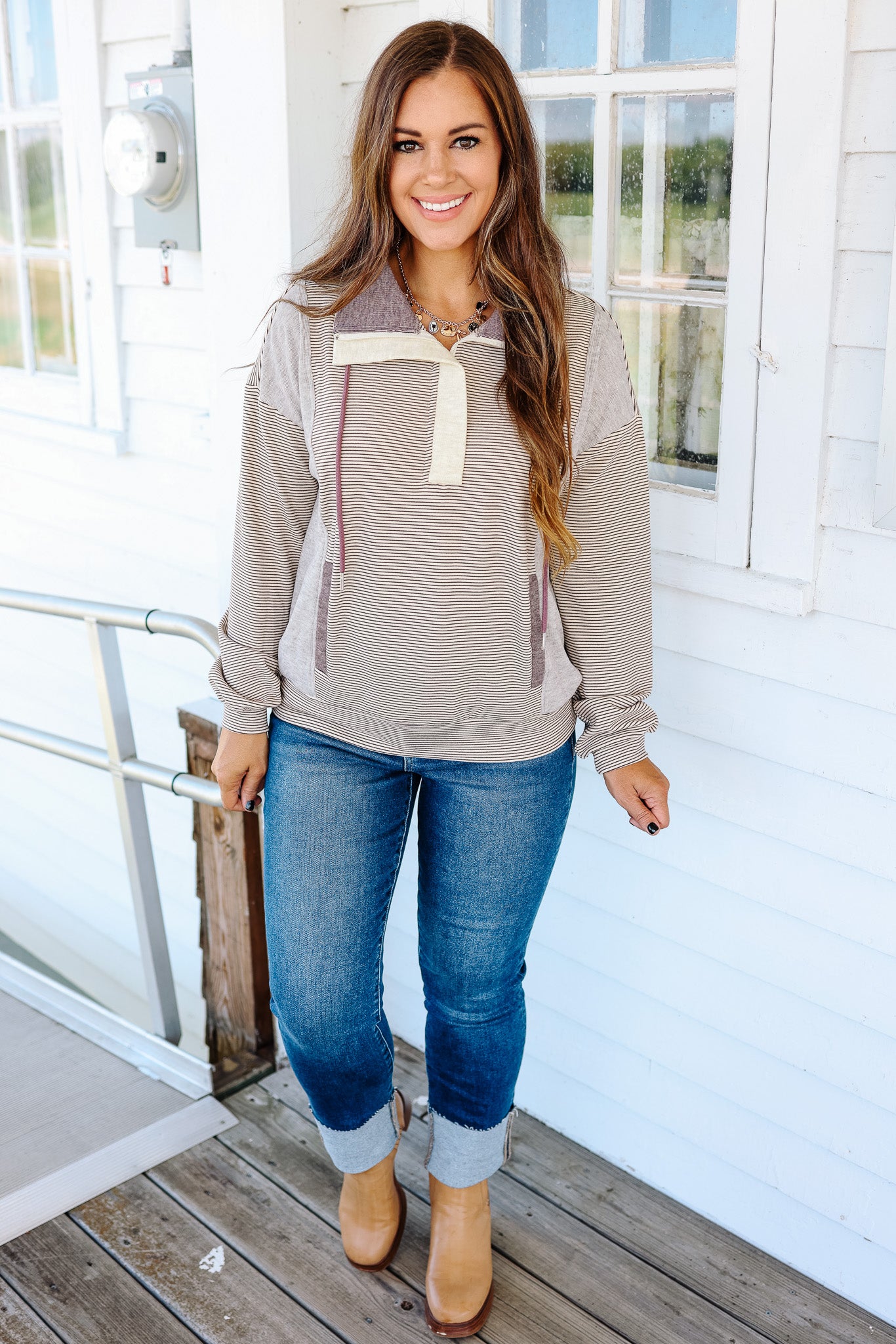 Becca Half Zip Mix Stripe Pullover - Ecru/Purple