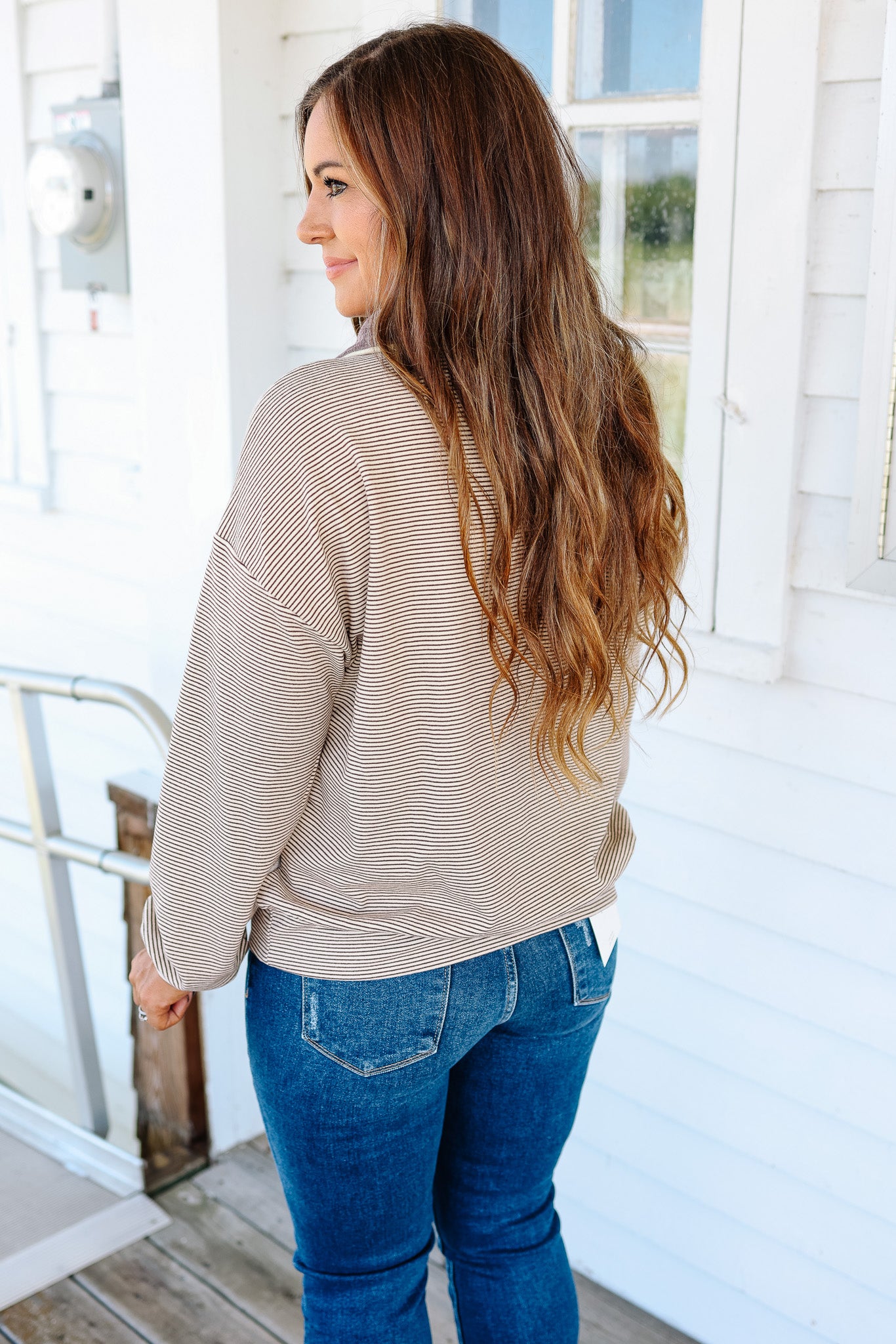 Becca Half Zip Mix Stripe Pullover - Ecru/Purple