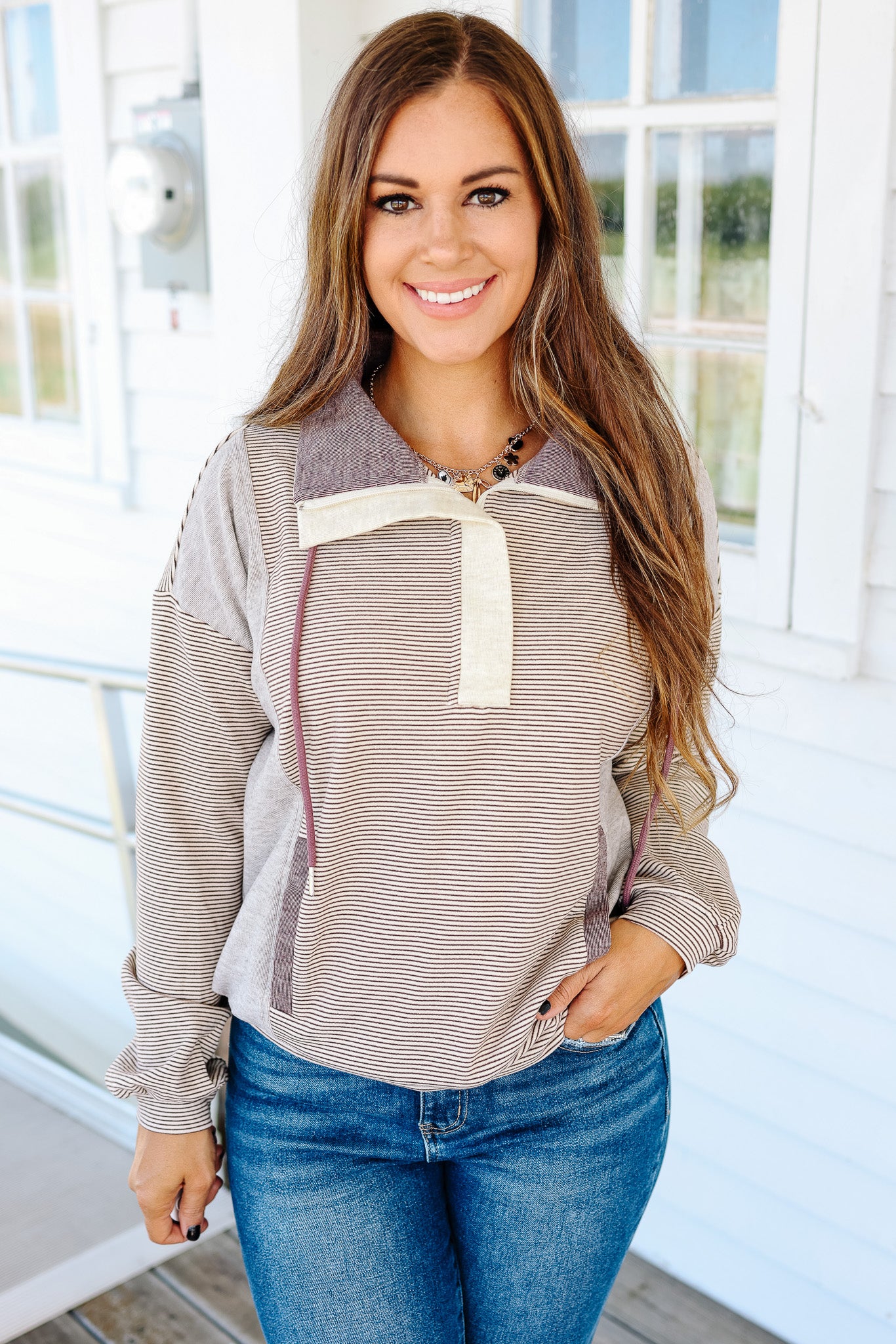 Becca Half Zip Mix Stripe Pullover - Ecru/Purple