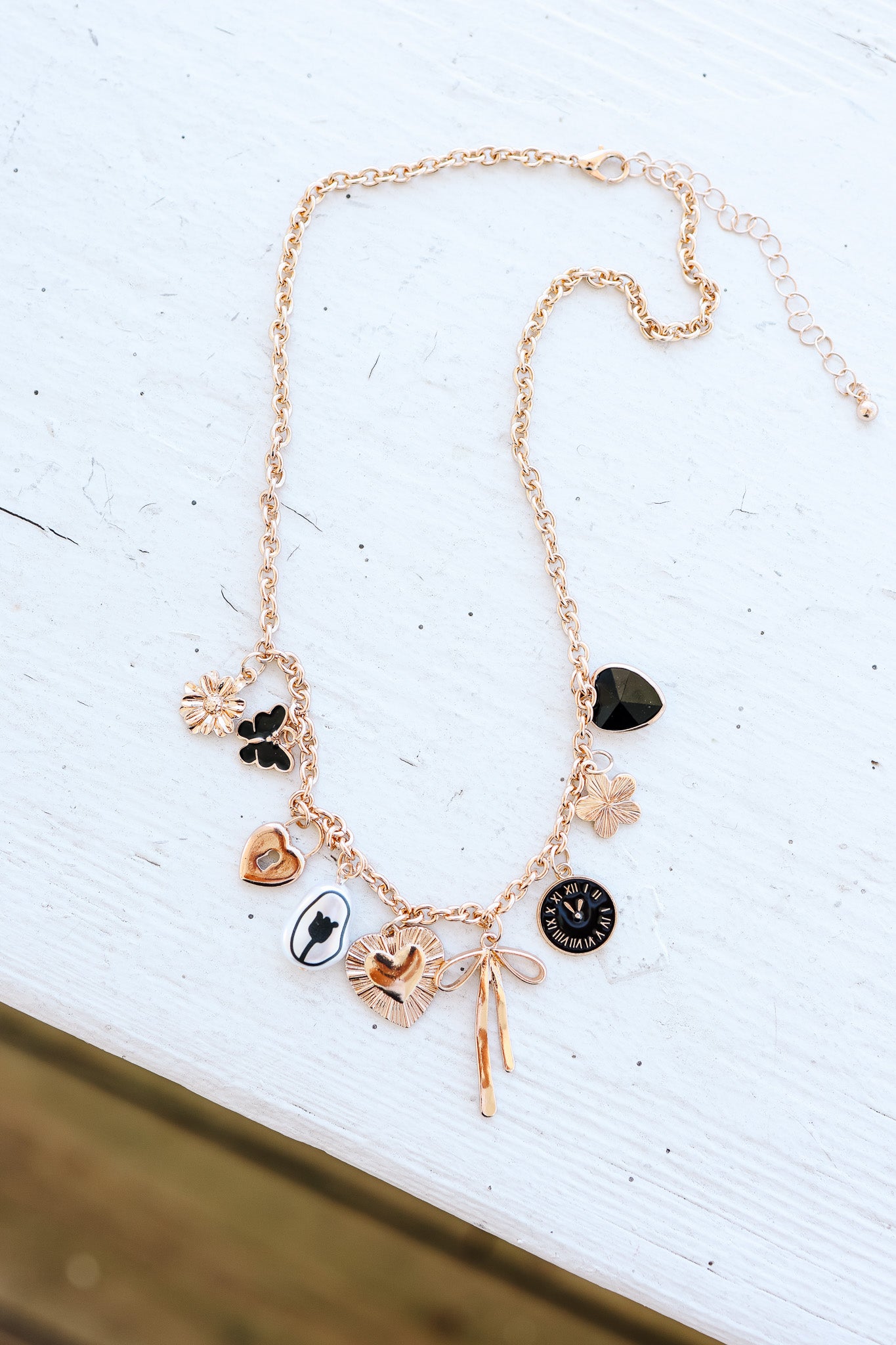 Heart Clock Bow Lock Charm Necklace