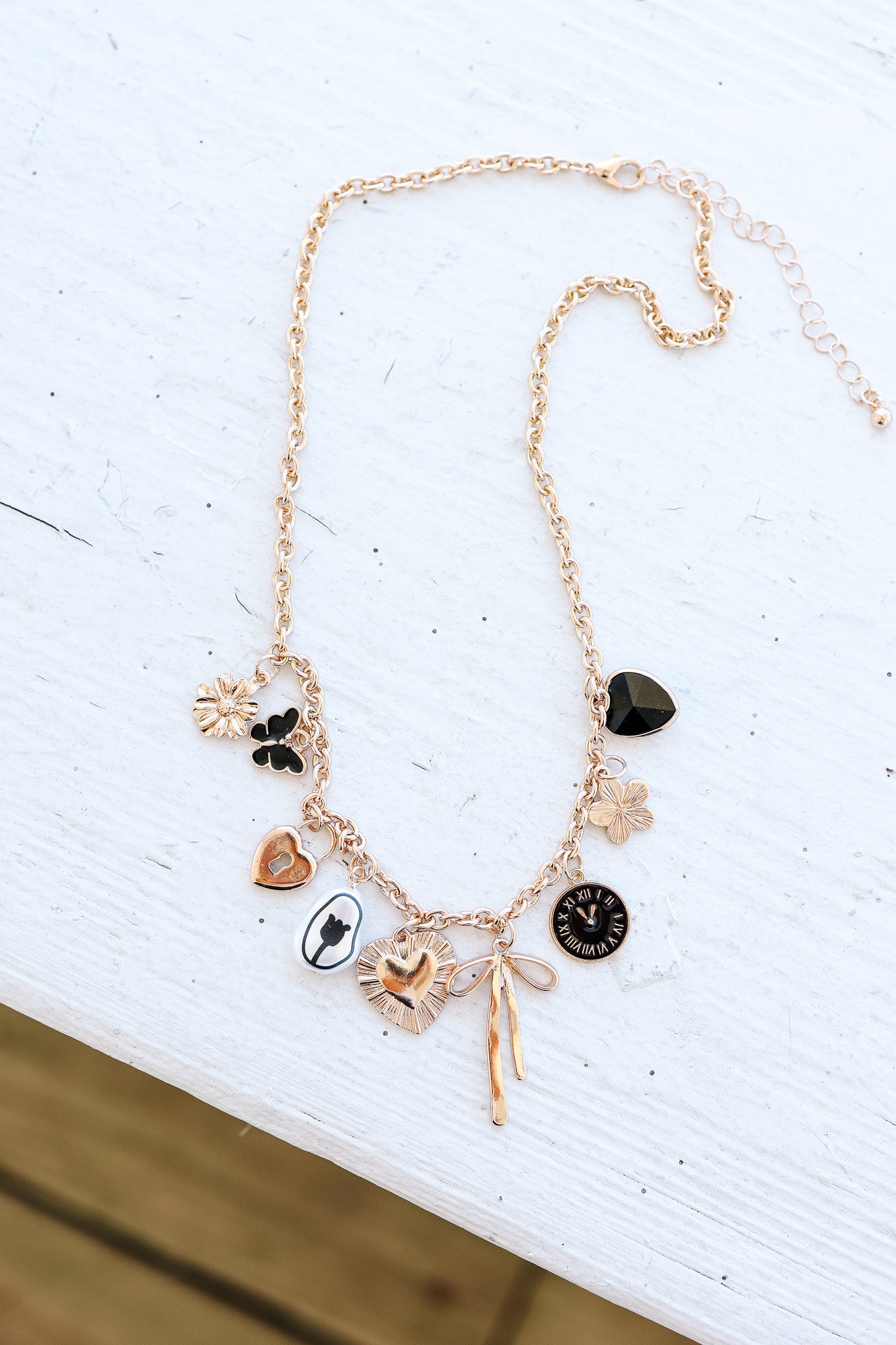 Heart Clock Bow Lock Charm Necklace