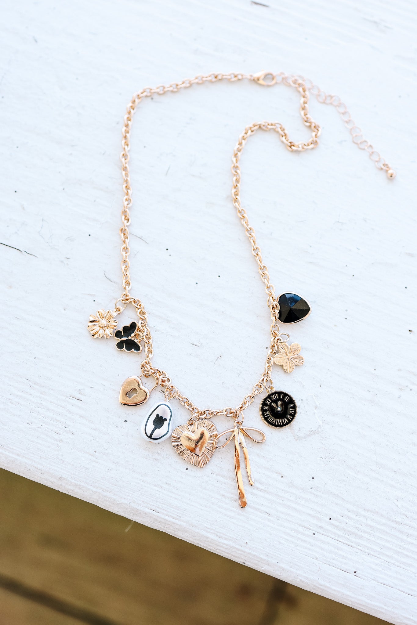 Heart Clock Bow Lock Charm Necklace