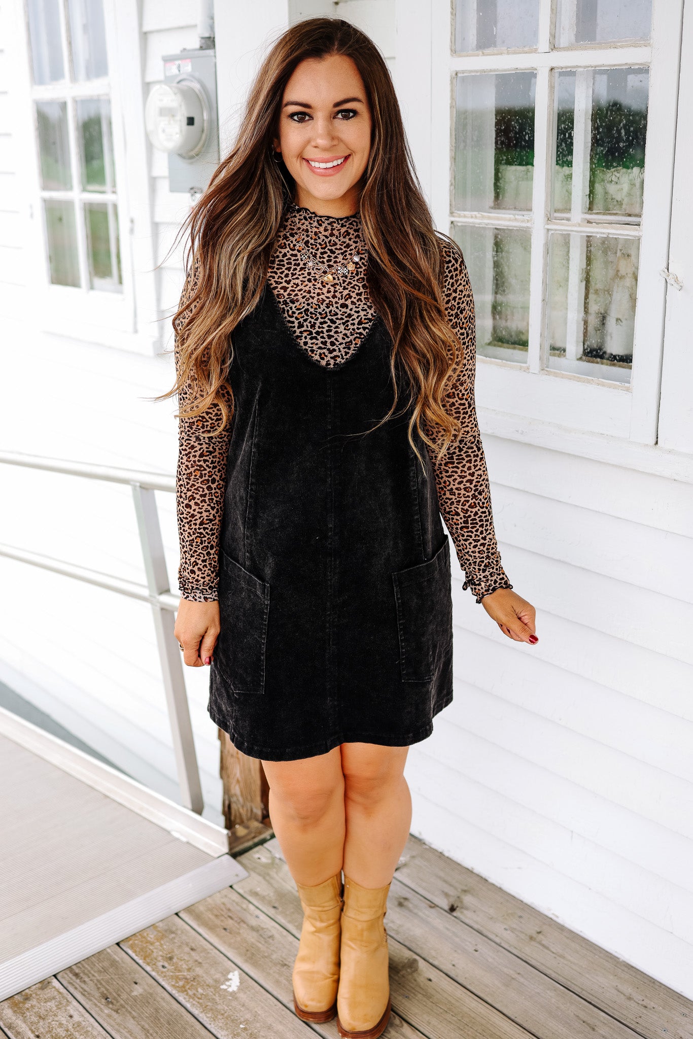 Brynn Corduroy Overall Dress - Black