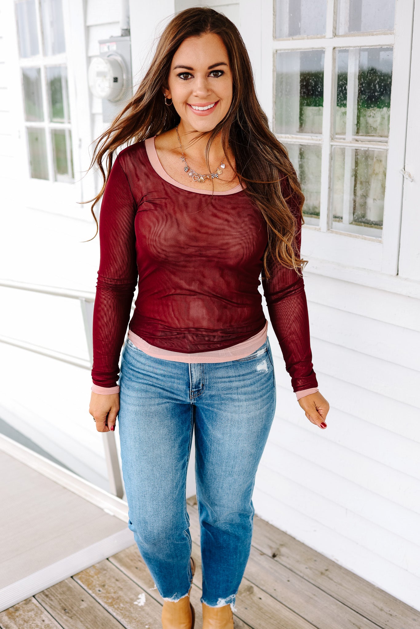 Elisa Double Layer Mesh Top - Eggplant/Pink