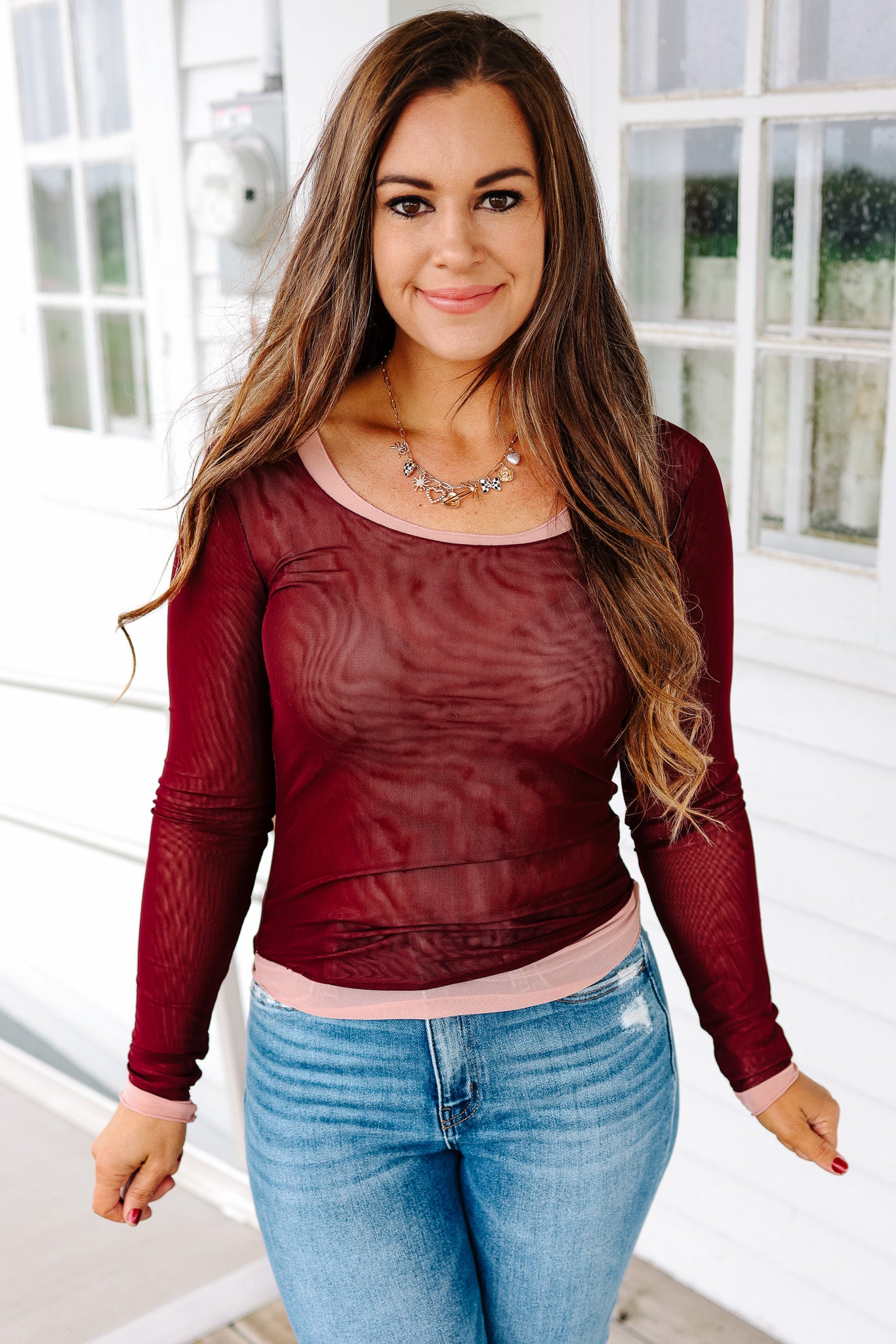 Elisa Double Layer Mesh Top - Eggplant/Pink