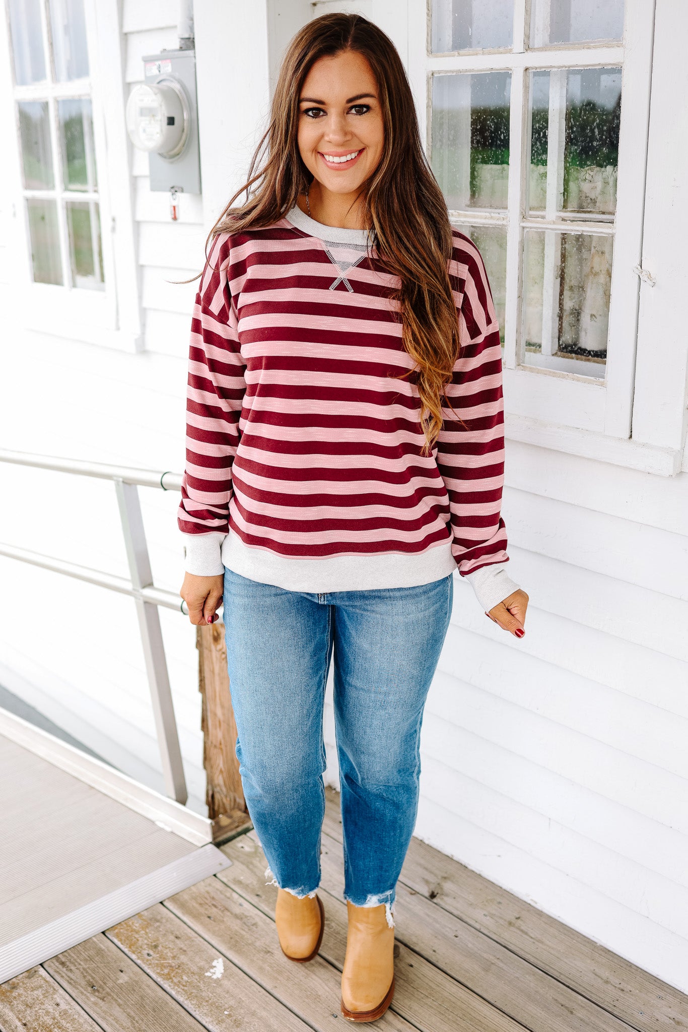 Wren Color Contrast Stripe Sweatershirt - Wine/Pink