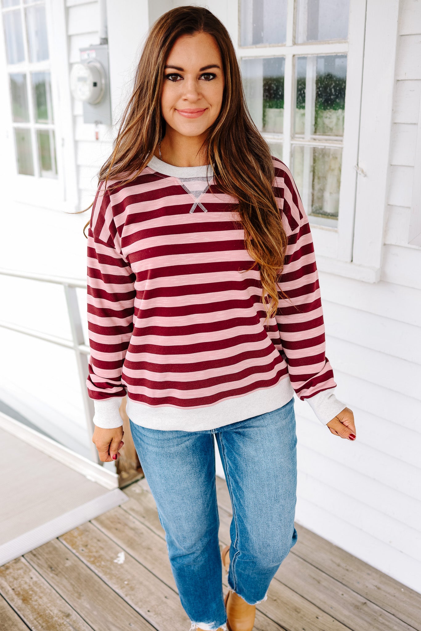Wren Color Contrast Stripe Sweatershirt - Wine/Pink