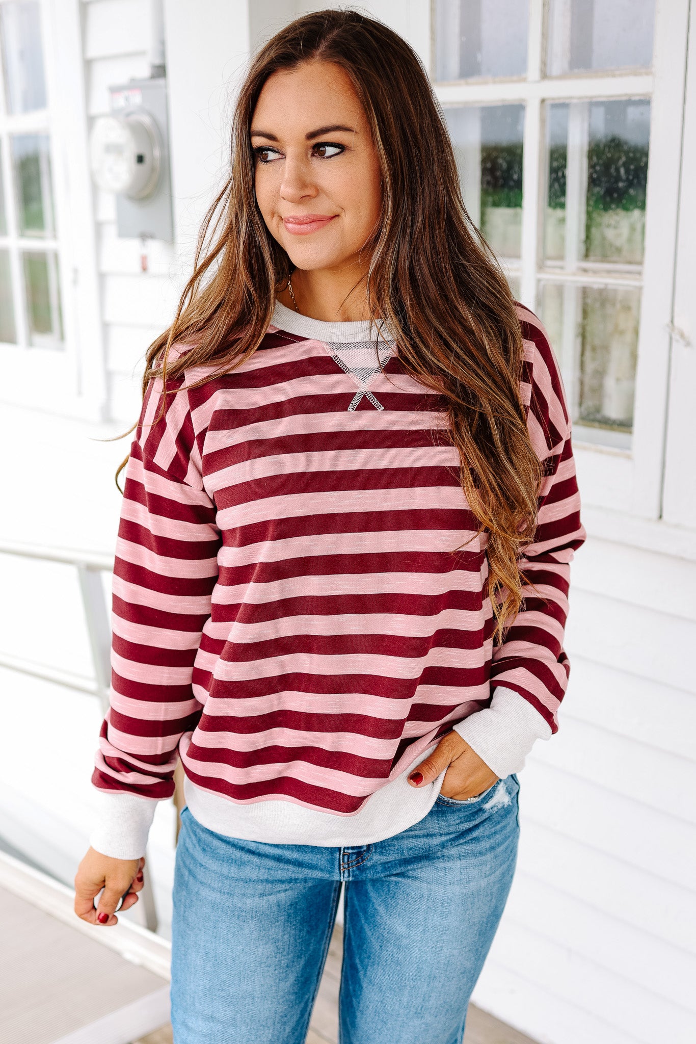 Wren Color Contrast Stripe Sweatershirt - Wine/Pink