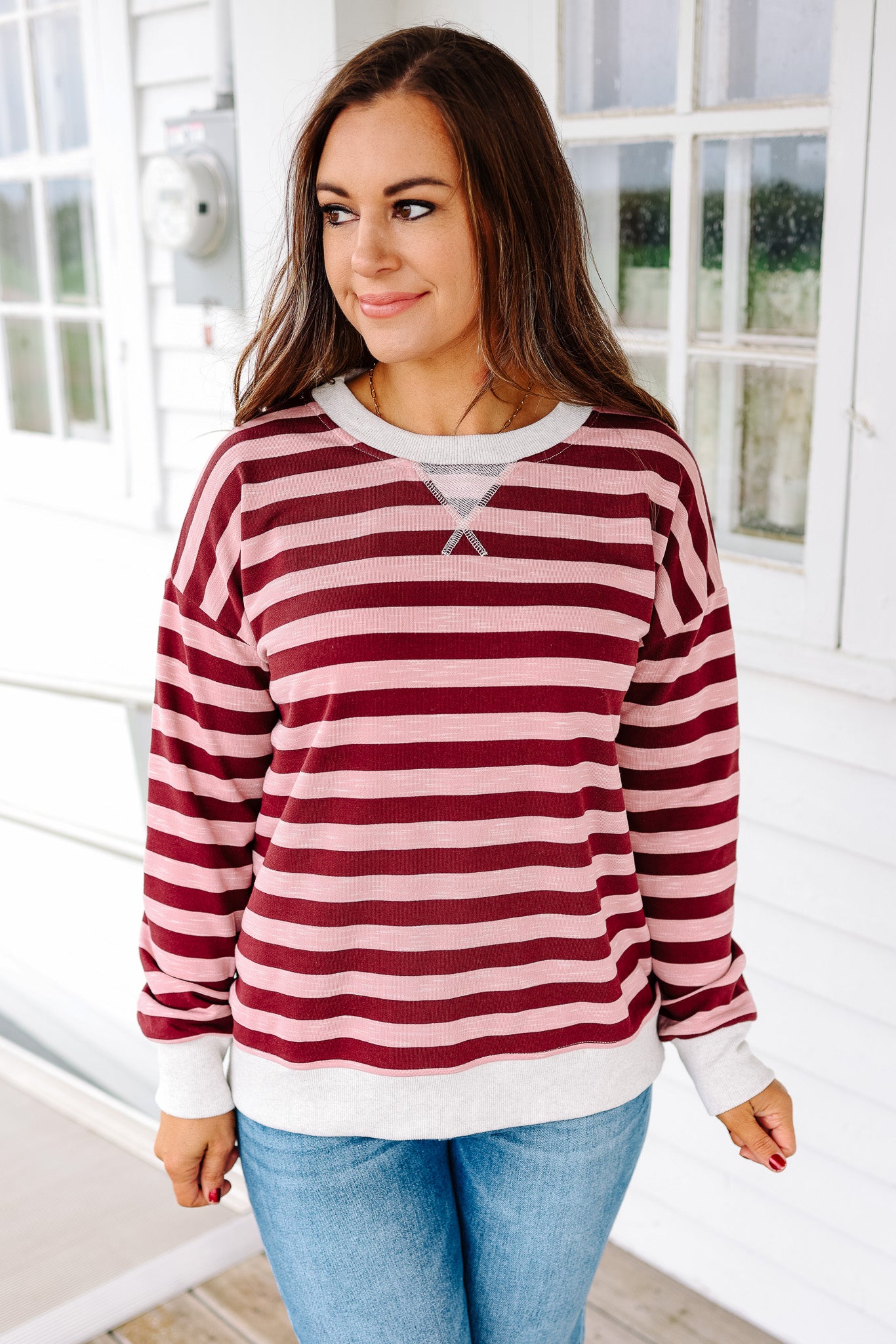Wren Color Contrast Stripe Sweatershirt - Wine/Pink