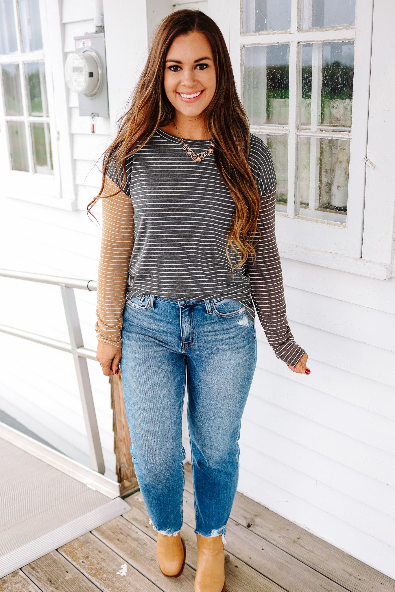 Julia Striped Colorblock Sleeve Top - Charcoal