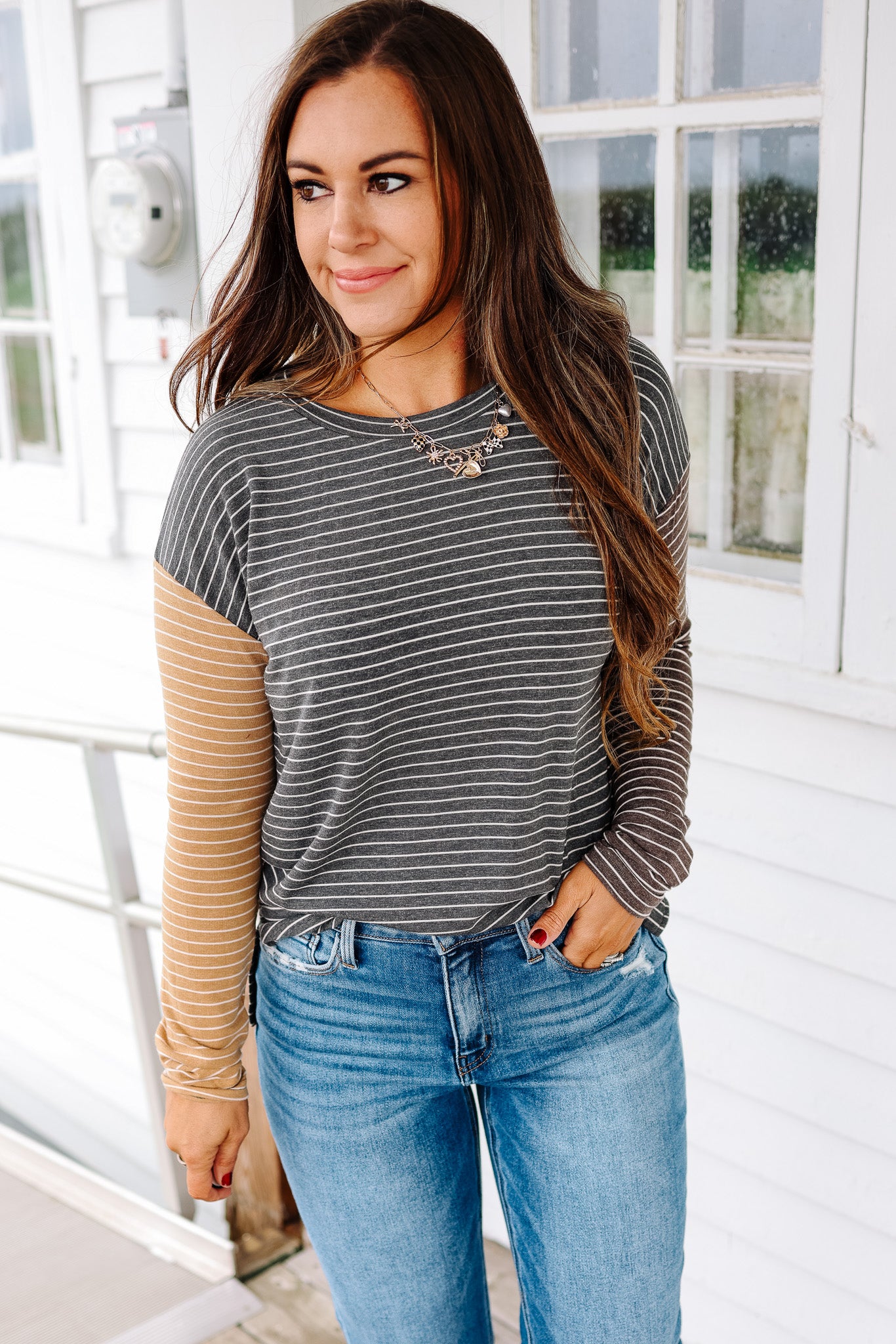 Julia Striped Colorblock Sleeve Top - Charcoal