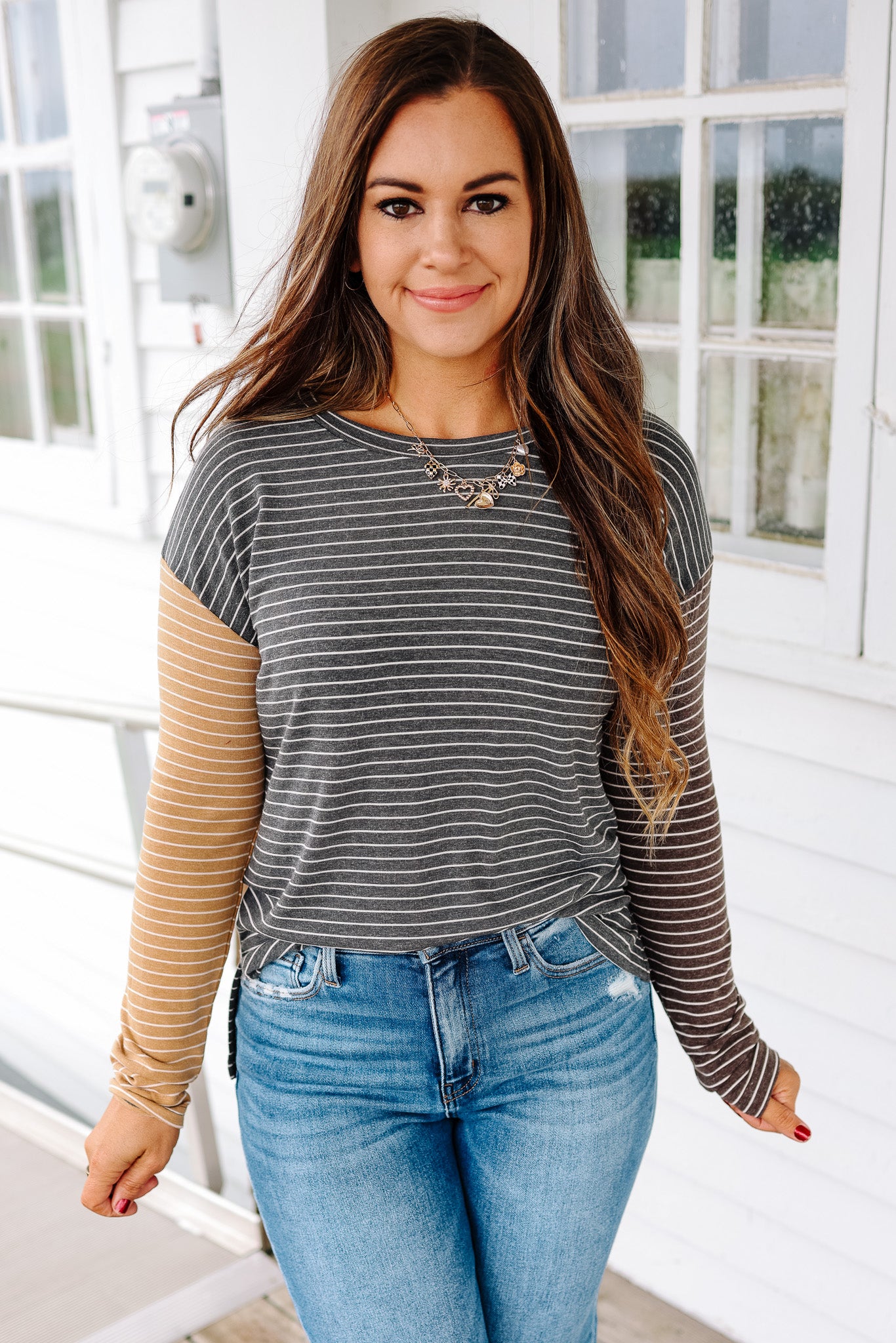 Julia Striped Colorblock Sleeve Top - Charcoal