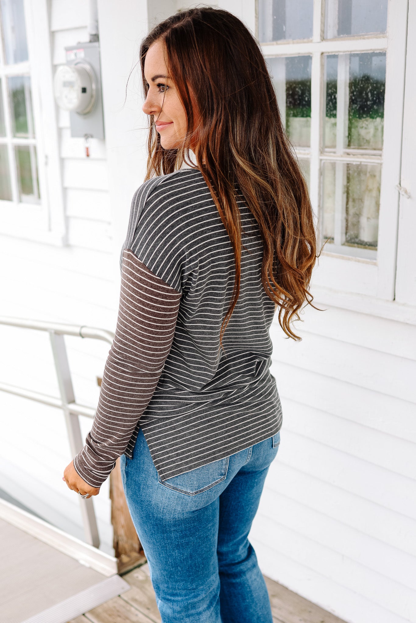 Julia Striped Colorblock Sleeve Top - Charcoal