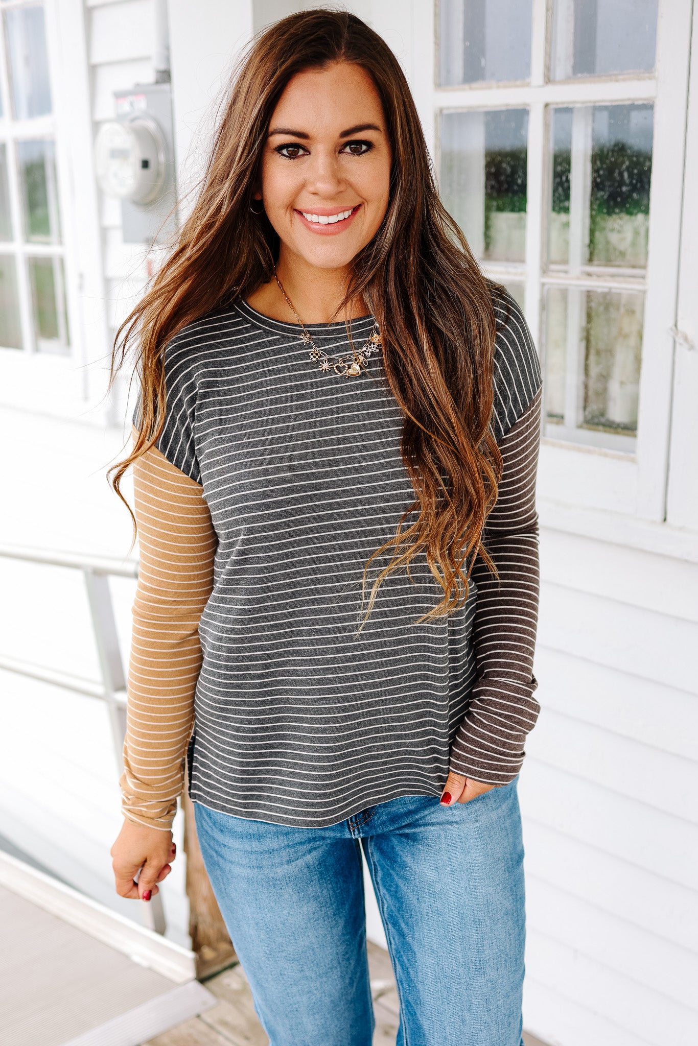Julia Striped Colorblock Sleeve Top - Charcoal
