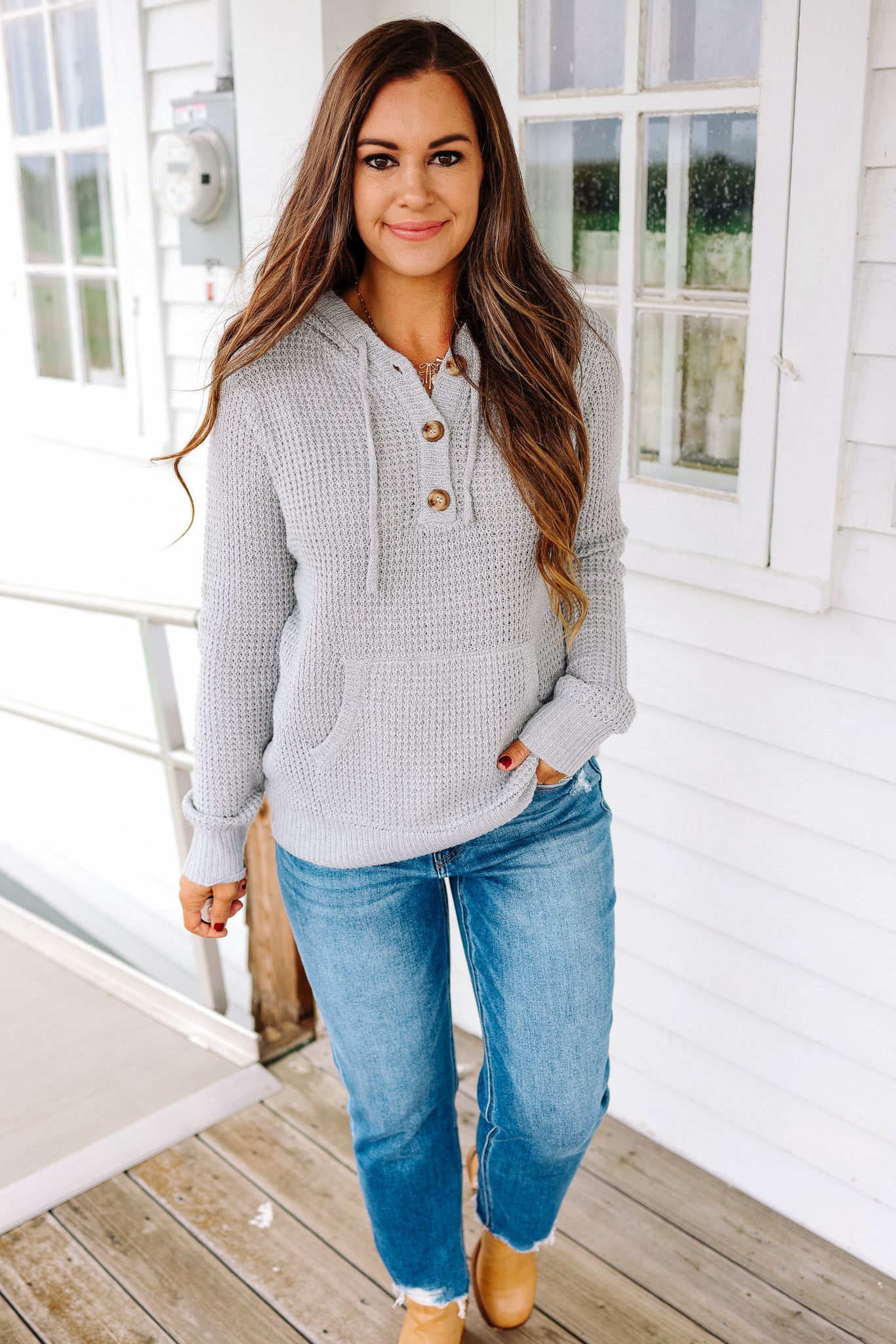 Devyn Waffle Knit Hoodie - Heather Grey