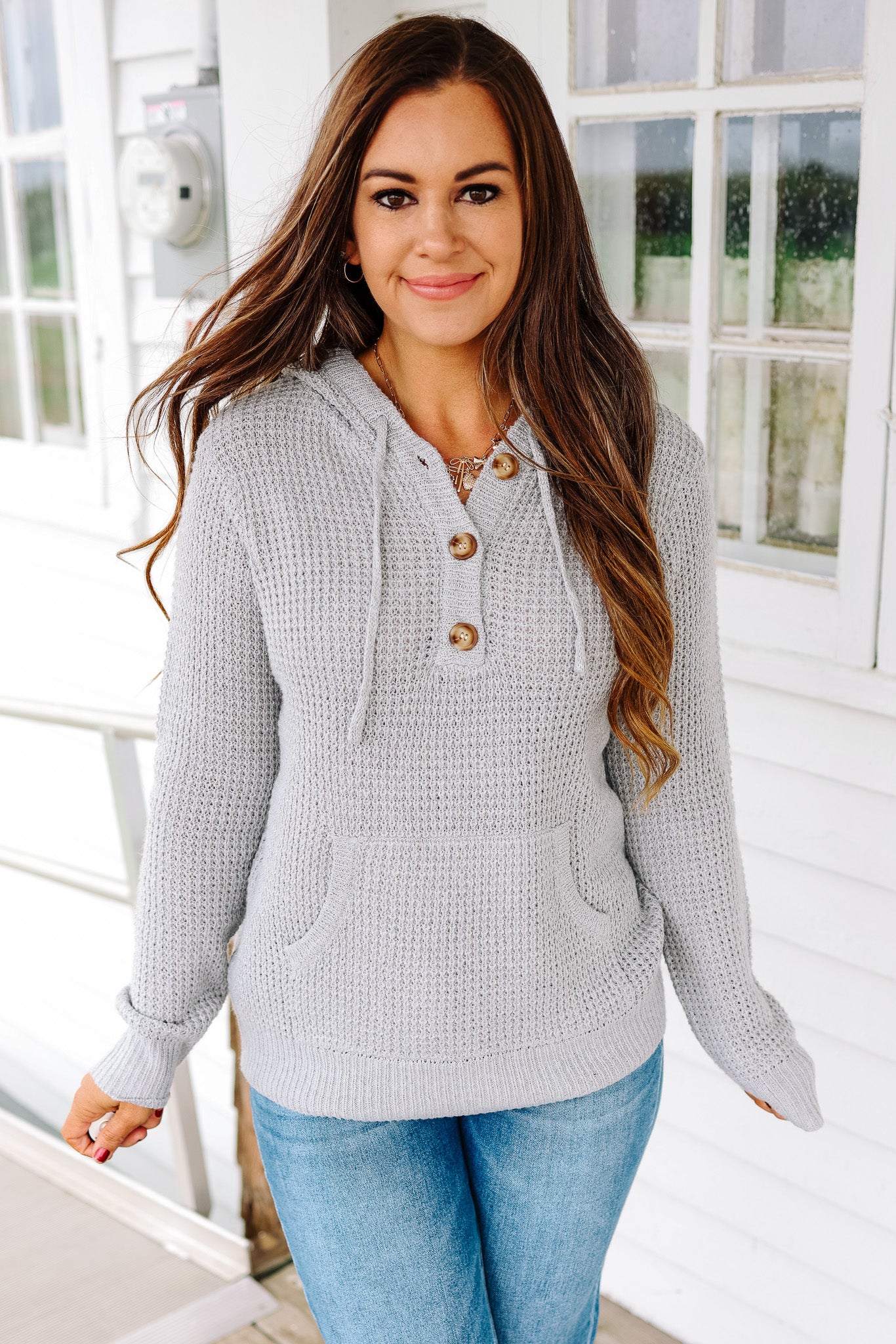 Devyn Waffle Knit Hoodie - Heather Grey