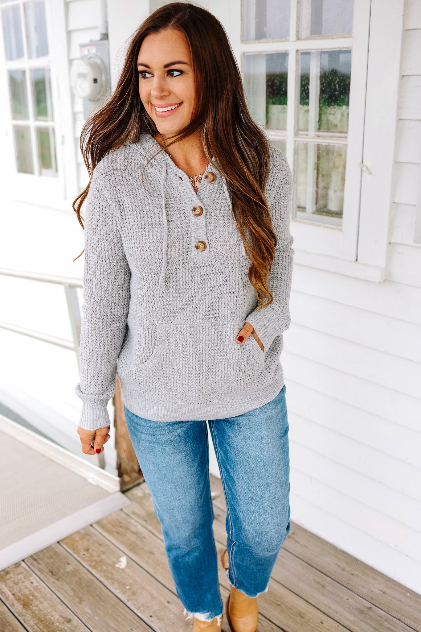 Devyn Waffle Knit Hoodie - Heather Grey