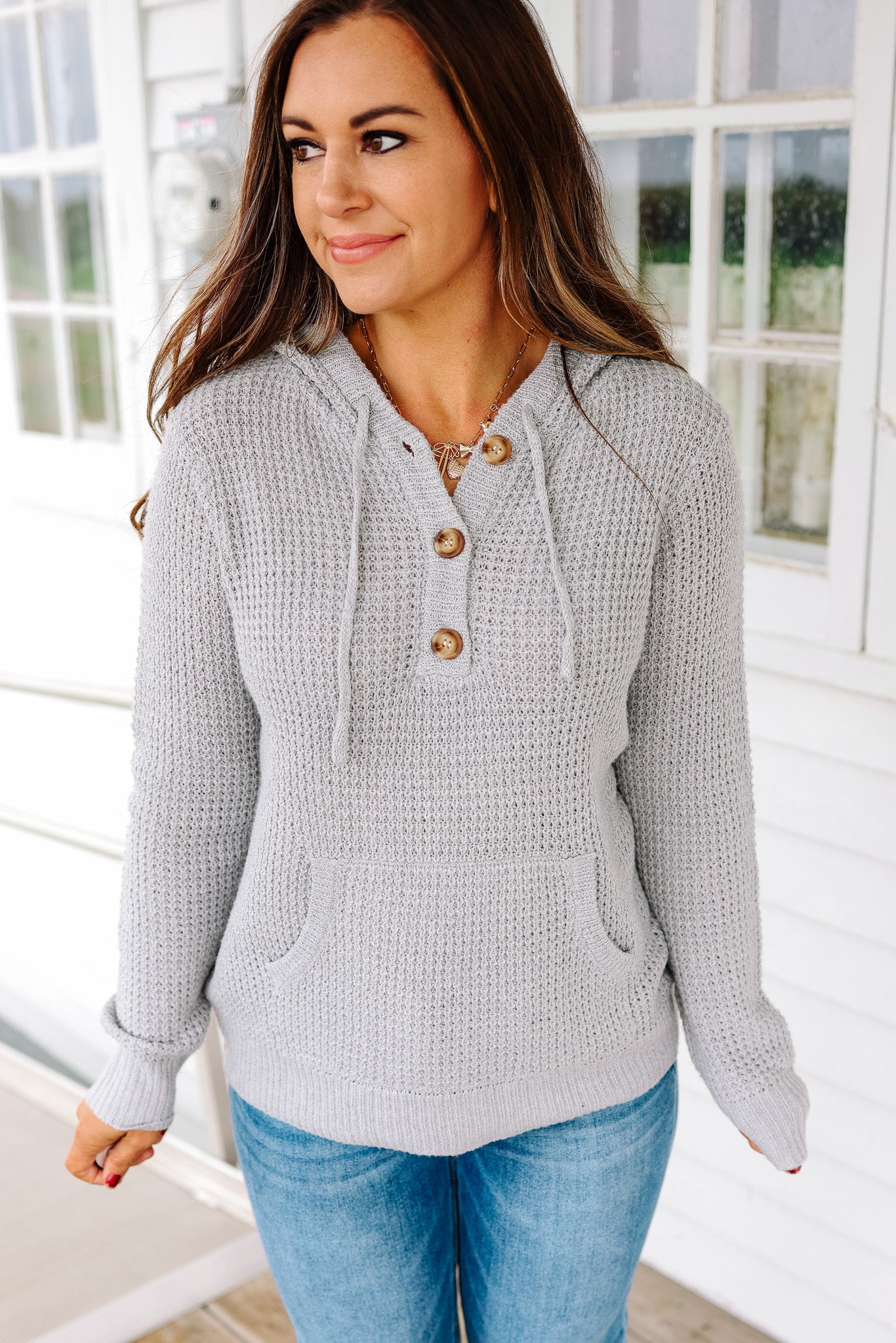 Devyn Waffle Knit Hoodie - Heather Grey