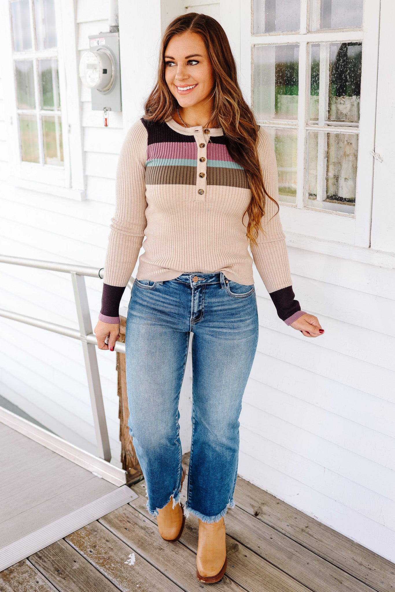 Tiana Ribbed Henley Top - Oatmeal