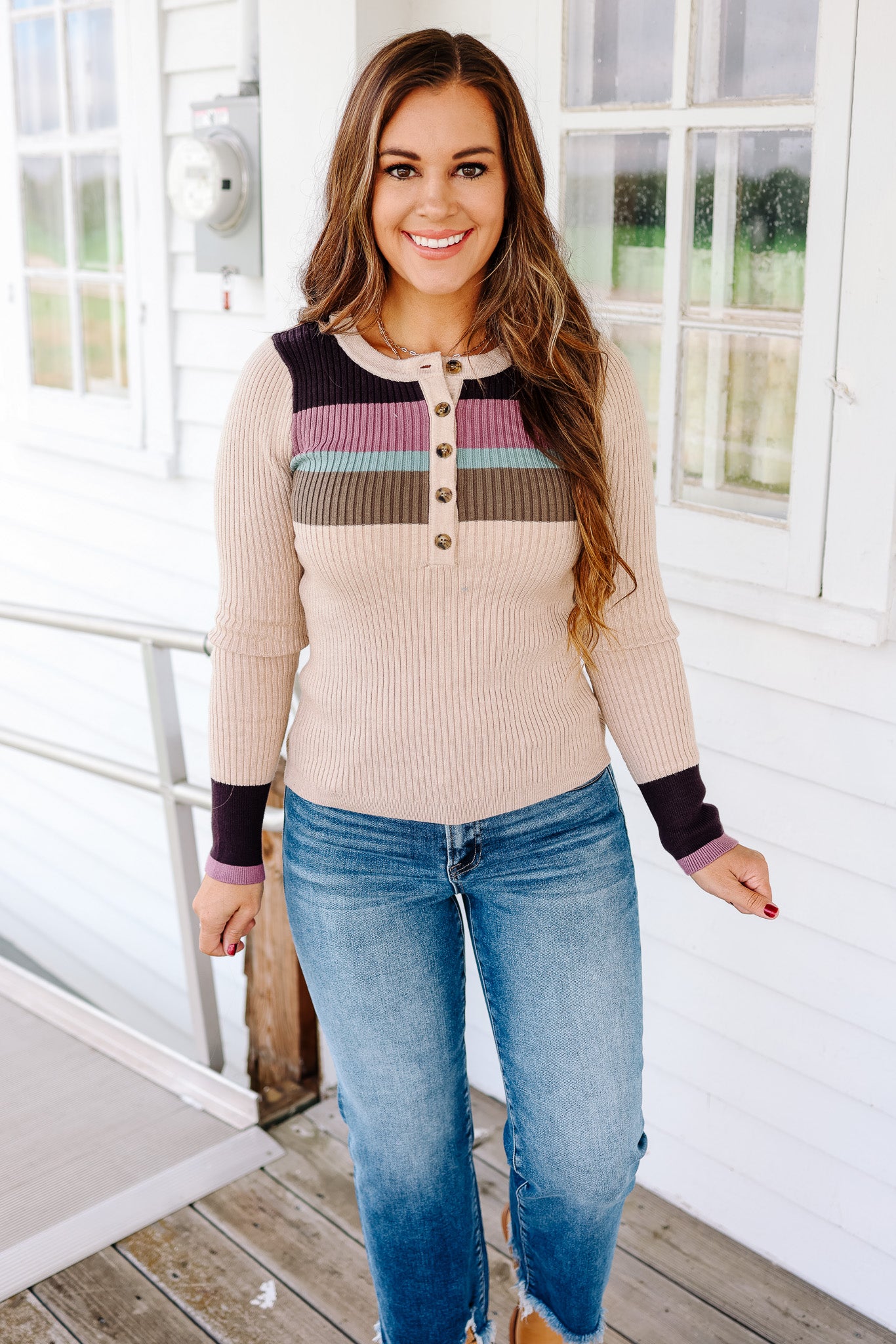 Tiana Ribbed Henley Top - Oatmeal