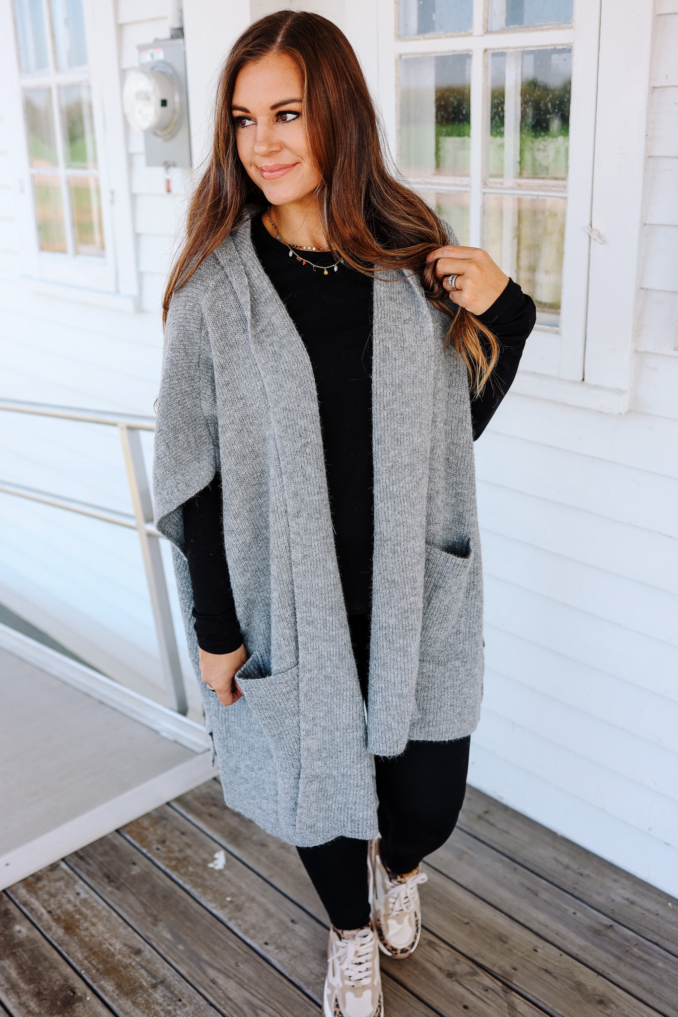 Tara Hooded Sweater Poncho - Grey