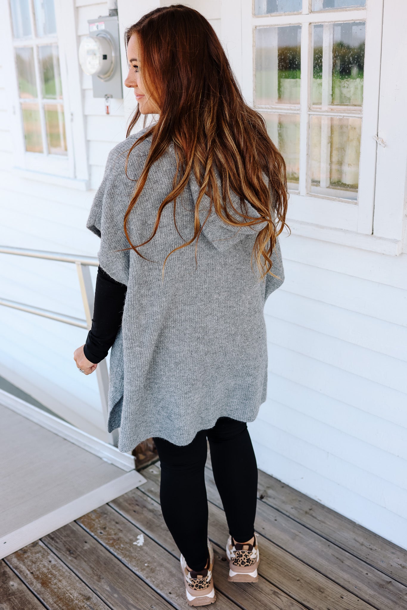 Tara Hooded Sweater Poncho - Grey