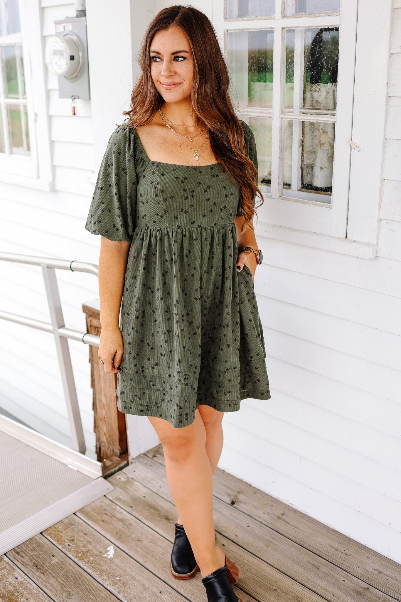 Lou Floral Corduroy Dress - Olive