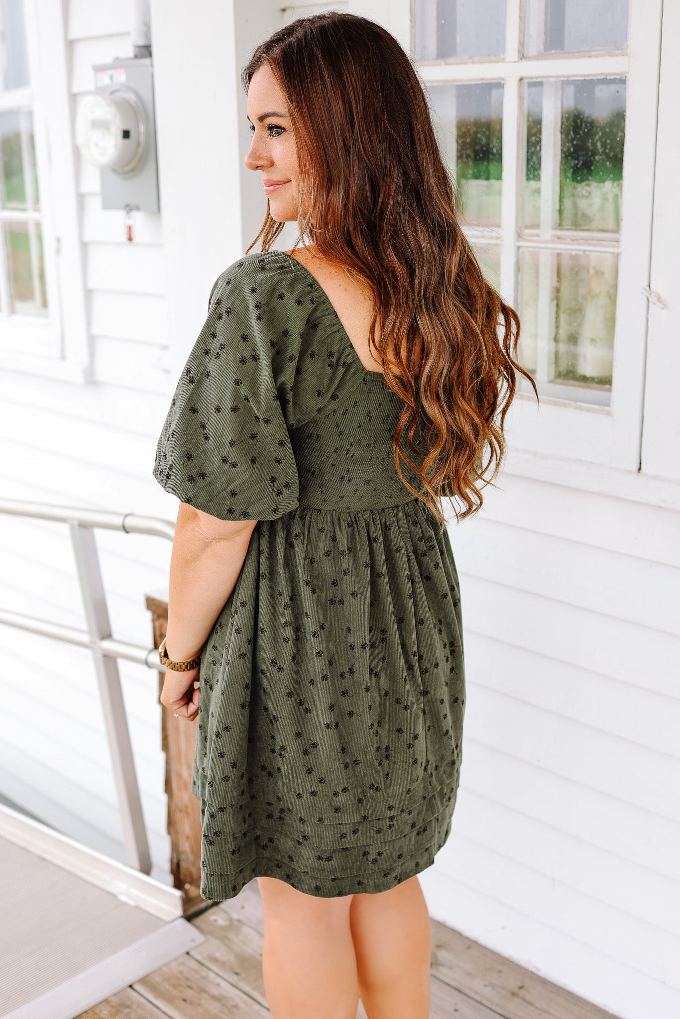 Lou Floral Corduroy Dress - Olive