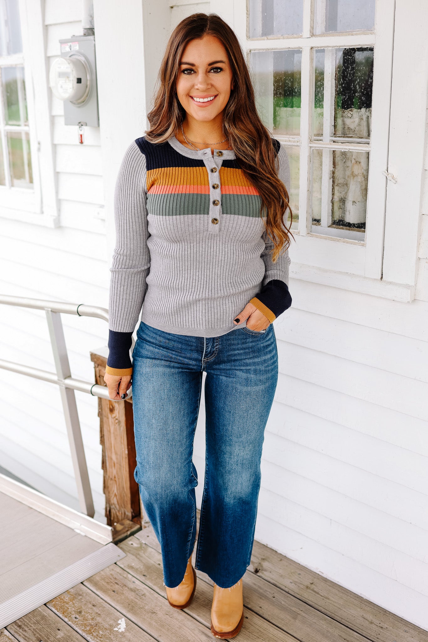Tiana Ribbed Henley Top - Heather Grey