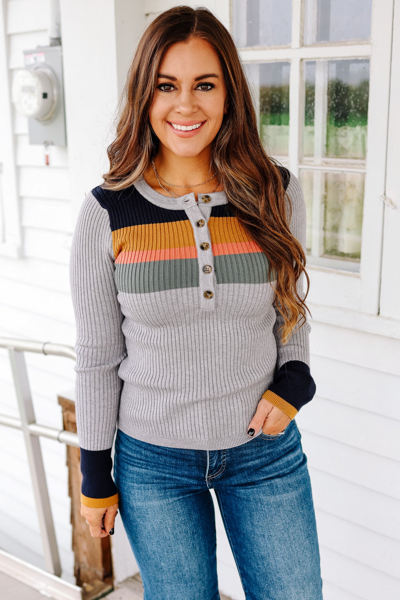 Tiana Ribbed Henley Top - Heather Grey