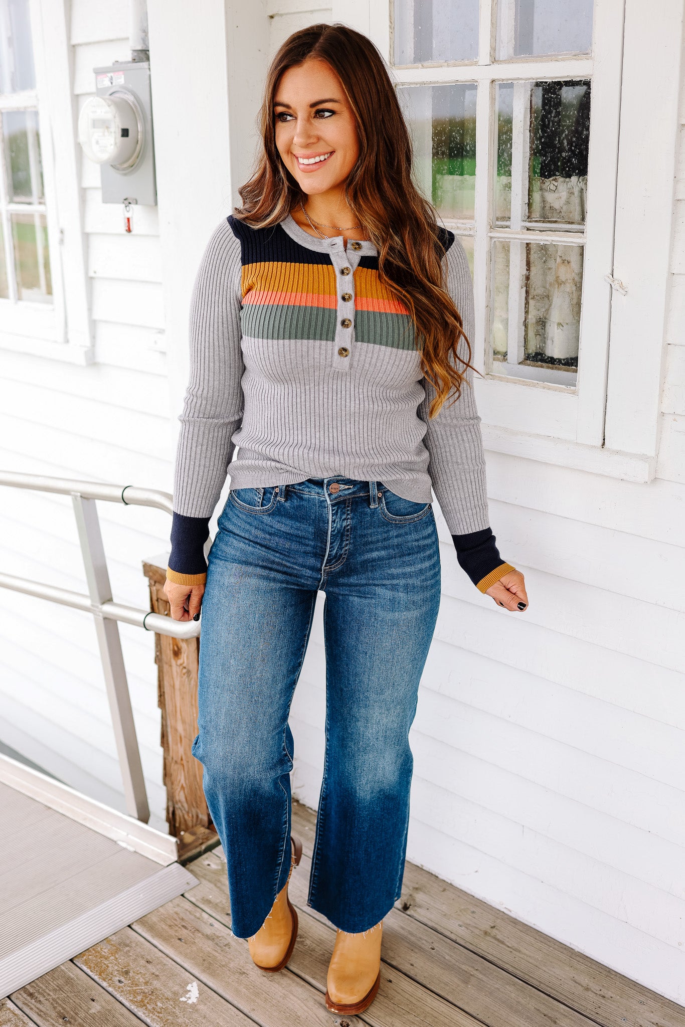 Tiana Ribbed Henley Top - Heather Grey