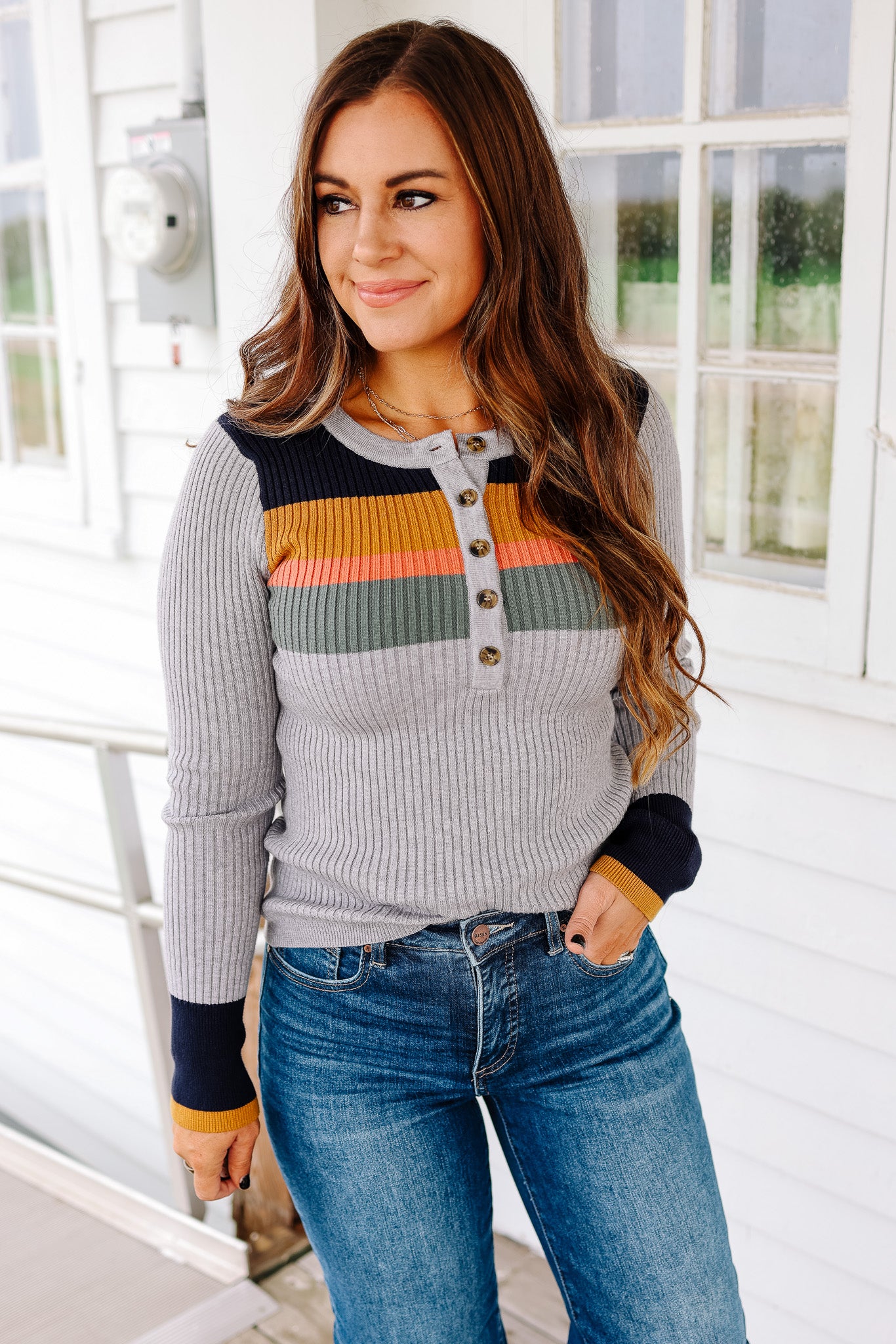 Tiana Ribbed Henley Top - Heather Grey