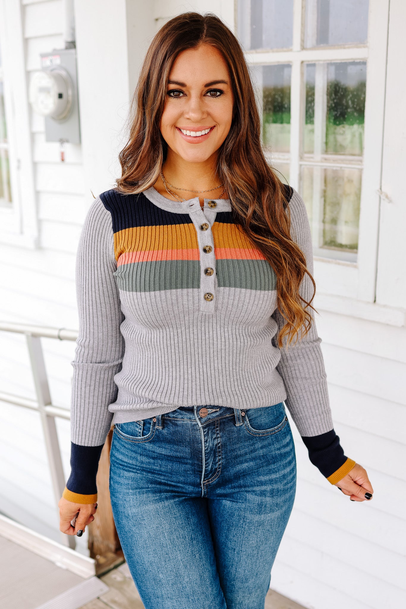 Tiana Ribbed Henley Top - Heather Grey